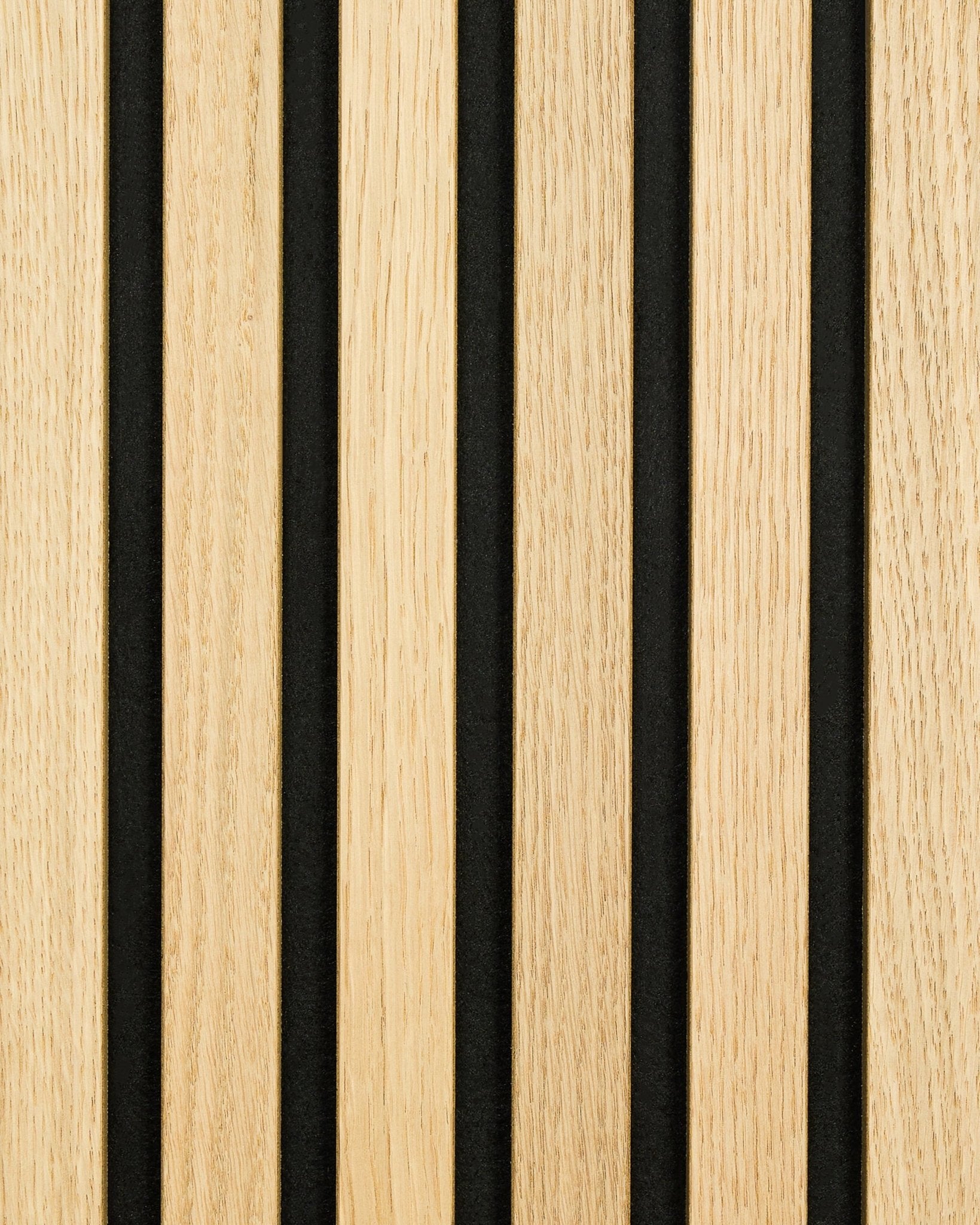 Akupanel acoustic panel in Classic Oak with black felt backing, featuring vertical wooden slats and black gaps for a modern, linear Nordic design.