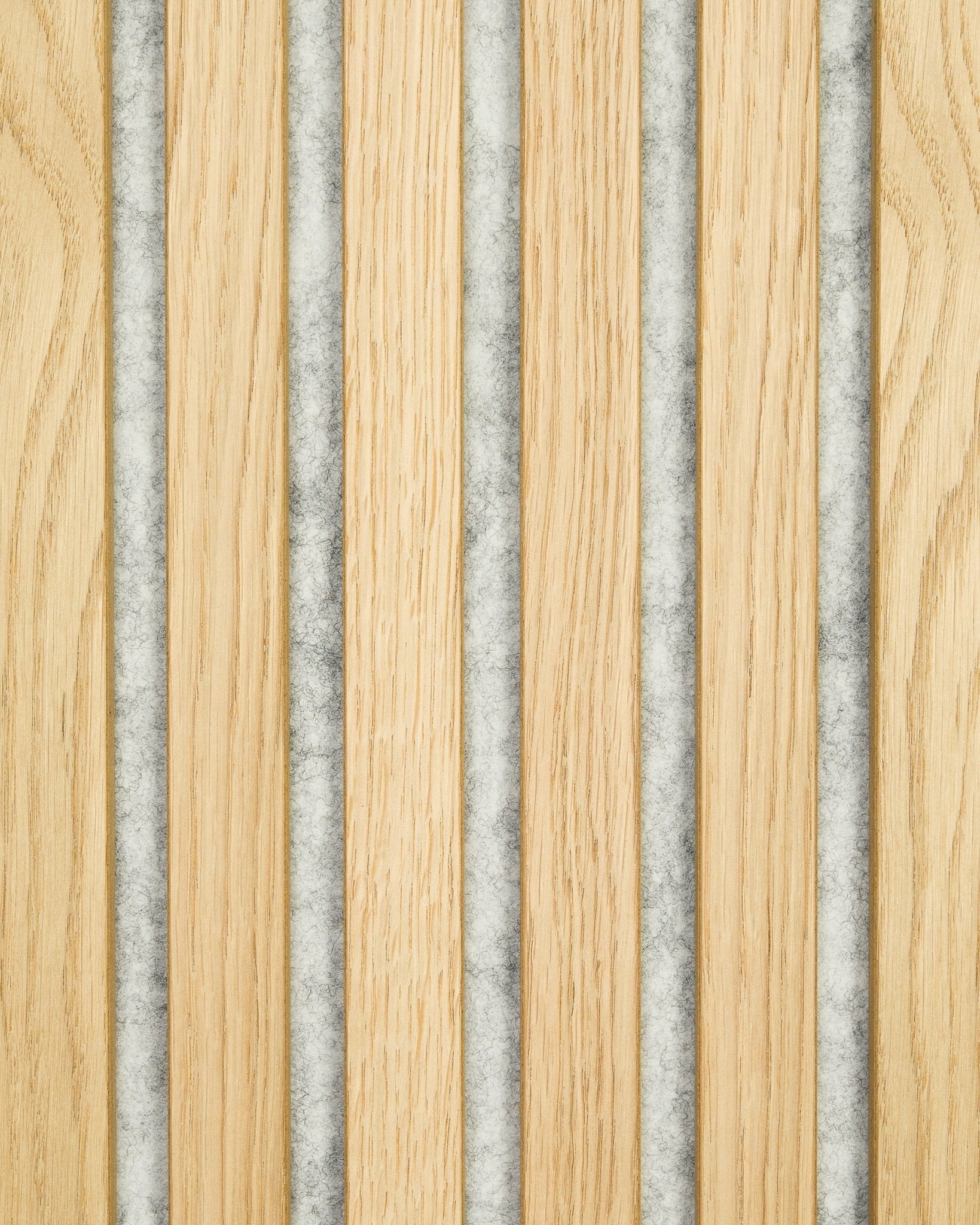 Akupanel sample by WoodUpp in Classic Oak with alternating wood slats and grey felt panels, displaying a modern, geometric Nordic acoustic panel design.