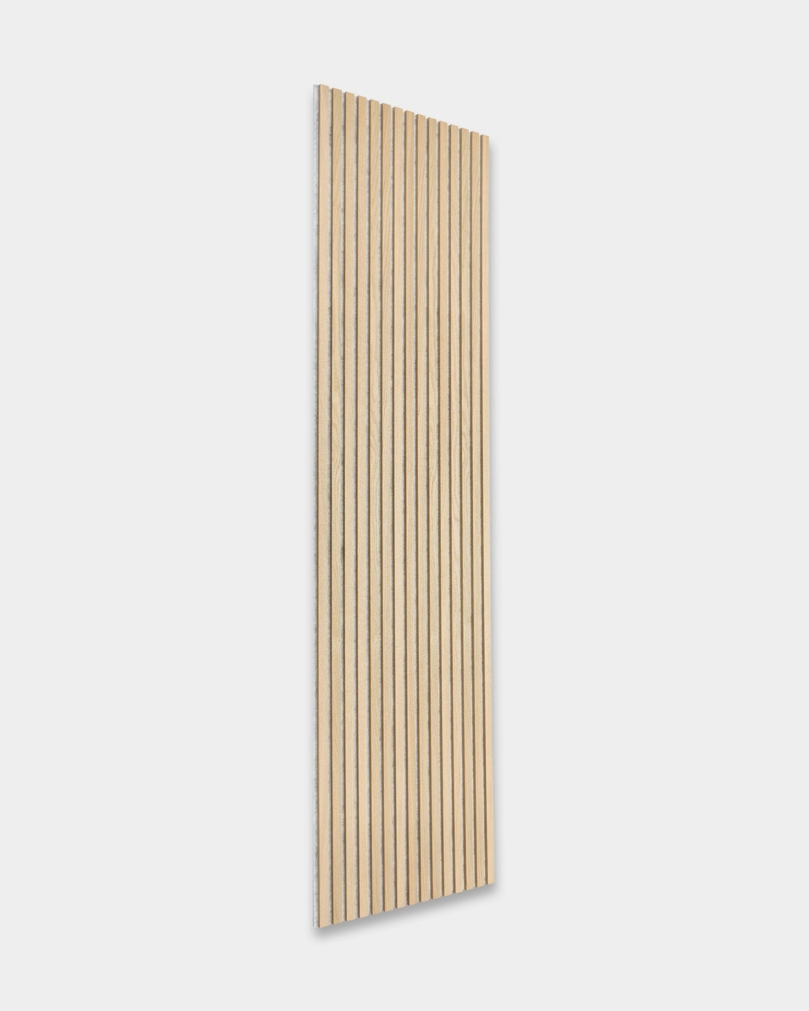 WoodUpp Akupanel acoustic panel in Classic Oak with Grey Felt backing, 240x60 cm, features vertical wood slats for a minimalist Scandinavian design.