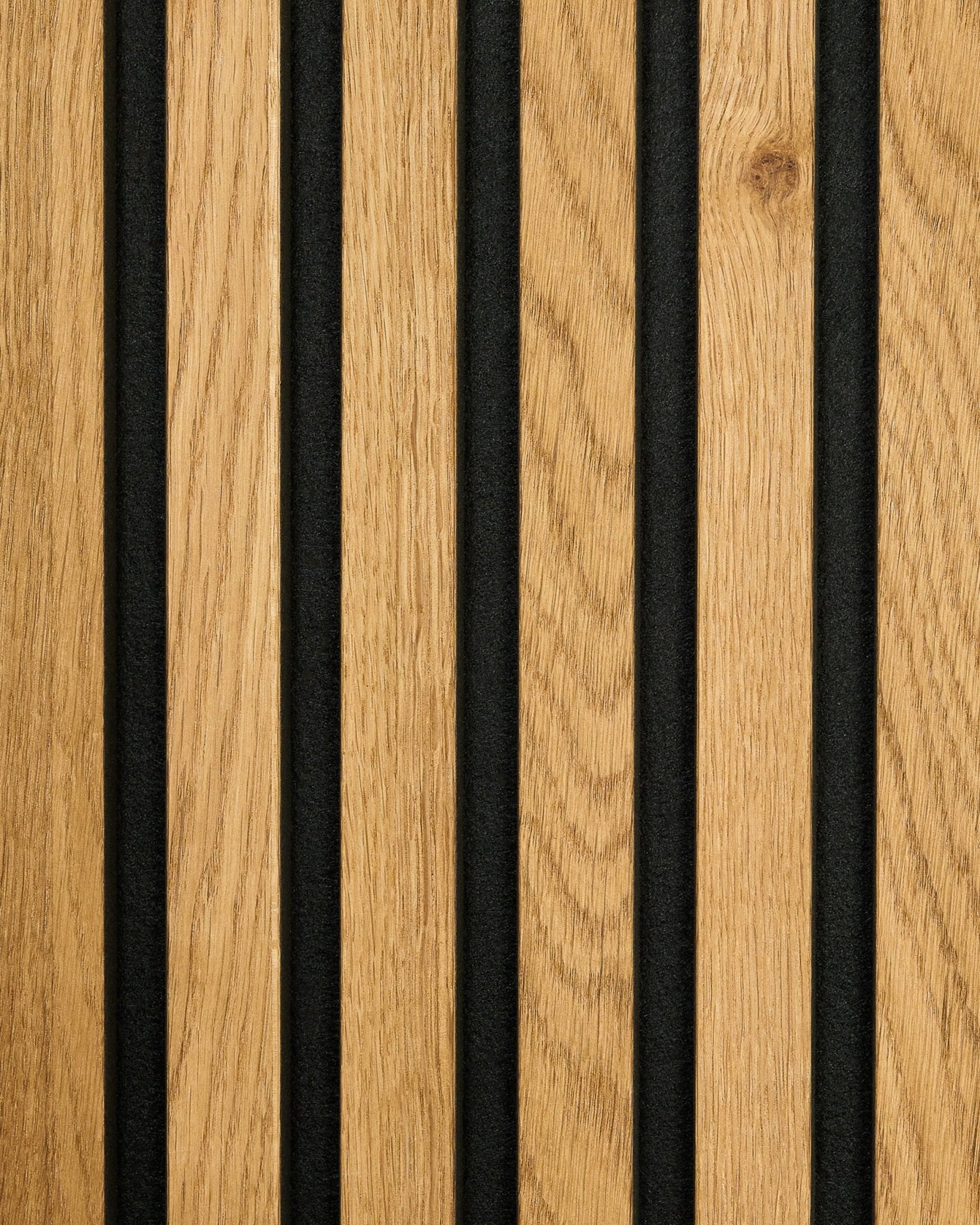 WoodUpp Akupanel in Rustic Brown Oak features vertical wooden slats alternating with black panels, creating a striped acoustic panel design.
