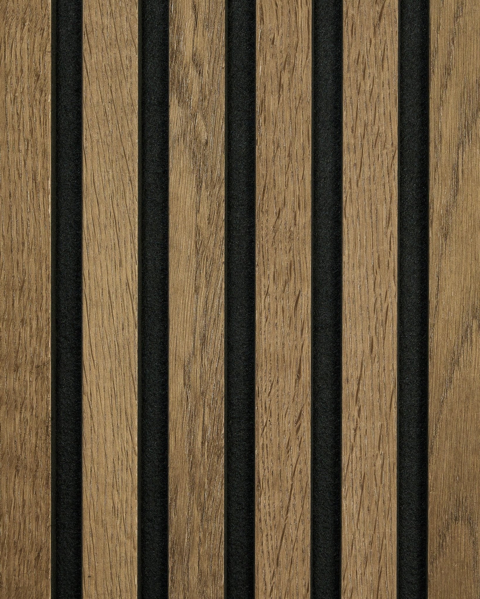 Close-up of WoodUpp Akupanel Rustic Sample in Grey Oak, featuring vertical acoustic slats and black felt strips for a modern Nordic wall accent.