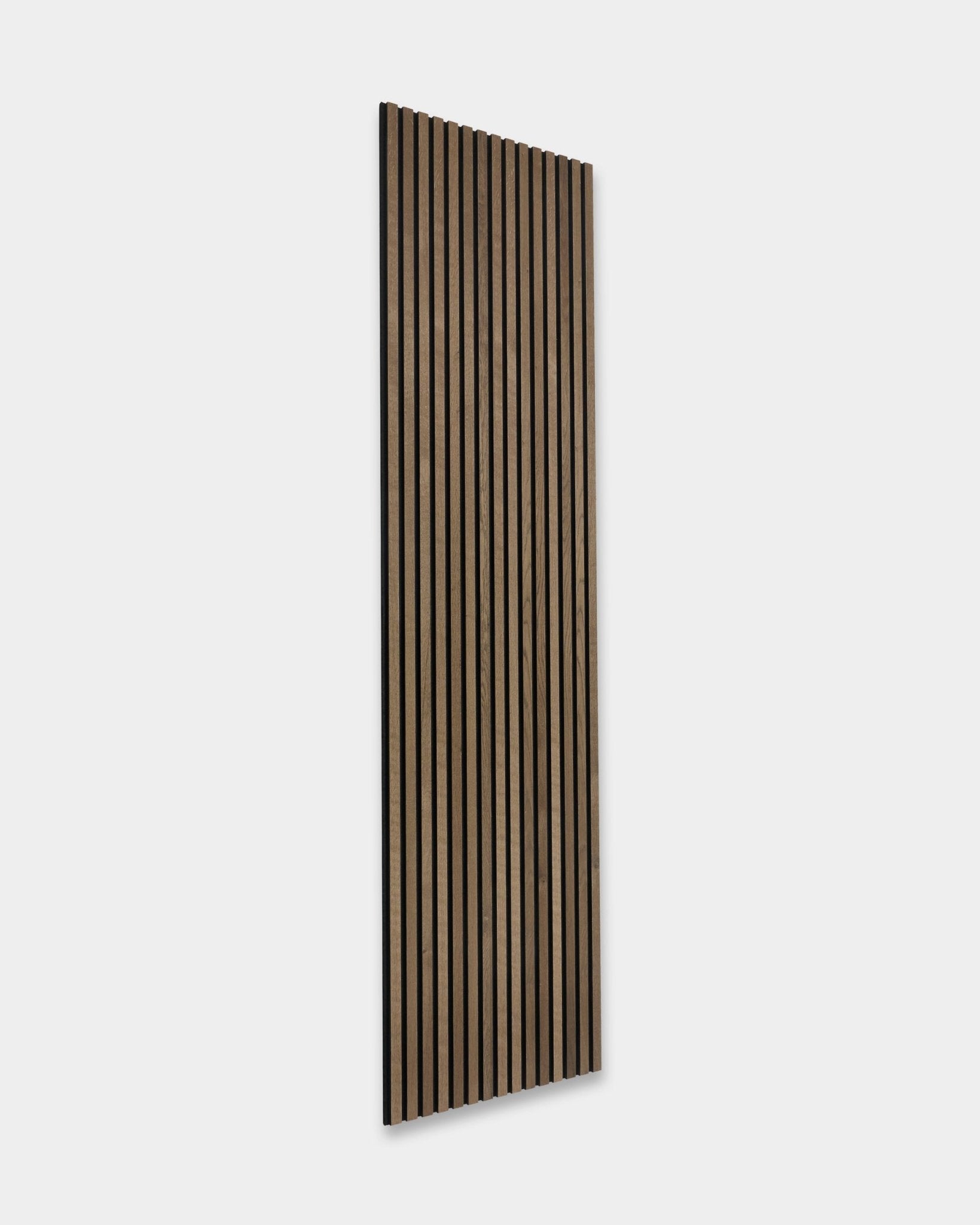 WoodUpp Rustic Akupanel acoustic panel in Grey Oak, Scandinavian style, with evenly spaced vertical slats, size 240 x 60 cm.