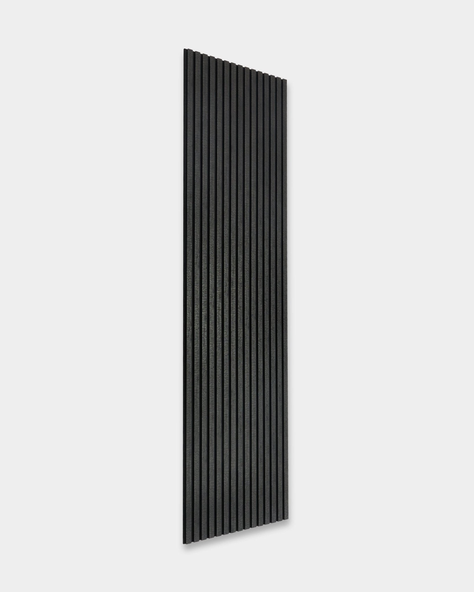 The Rebel Akupanel by WoodUpp in Charcoal (240x60 cm), a Nordic acoustic panel with vertical grooves, shown against a light gray background.