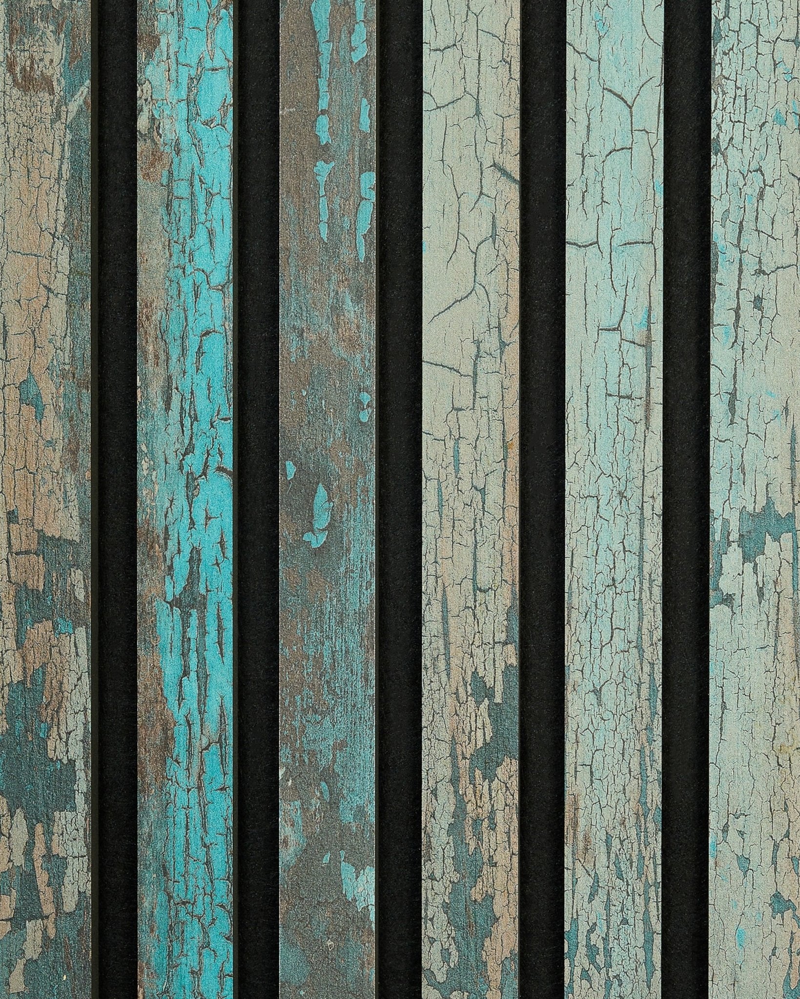 WoodUpp Rebel | Sample / Blue Oxide Akupanel with weathered wooden slats, blue-green tones, visible cracks, and dark vertical gaps for a rustic Nordic look.
