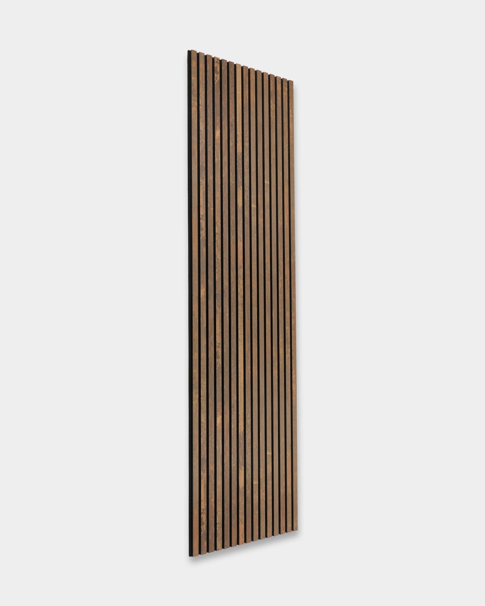 The Rebel Akupanel in Oxide Copper, 240x60 cm by WoodUpp, acoustic panel with slatted design against a plain light gray background.