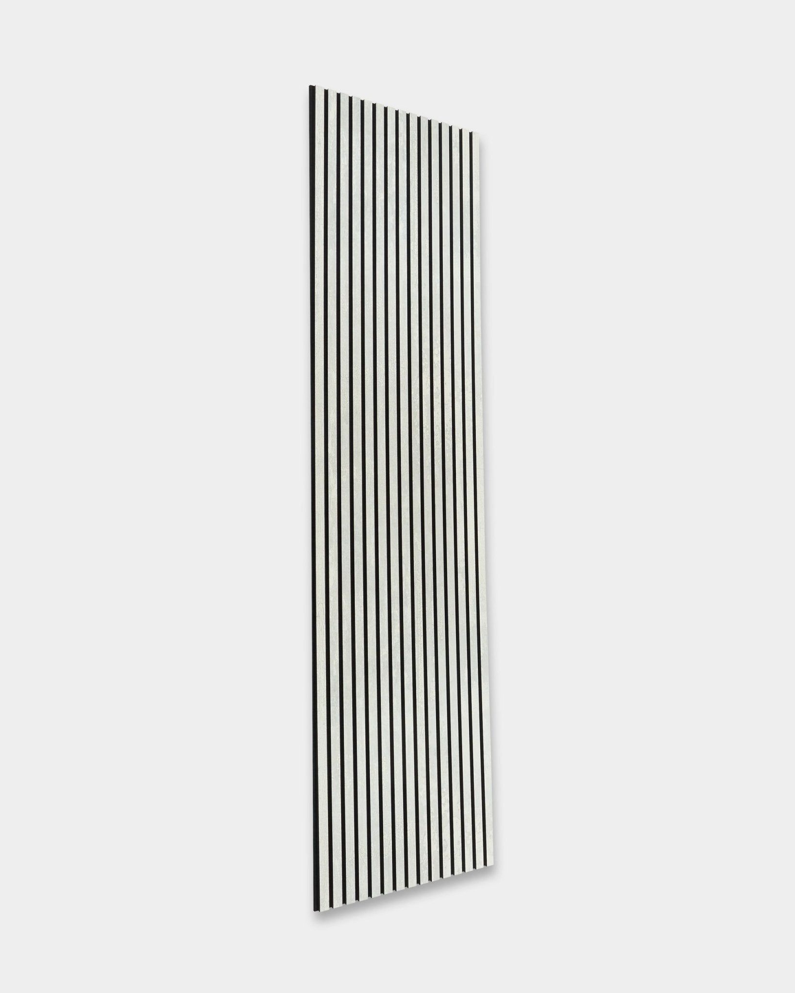 WoodUpp Rebel Akupanel in Oxide White (240 x 60 cm) with black vertical slats, improving room acoustics on a light gray background. Nordic minimalist design.