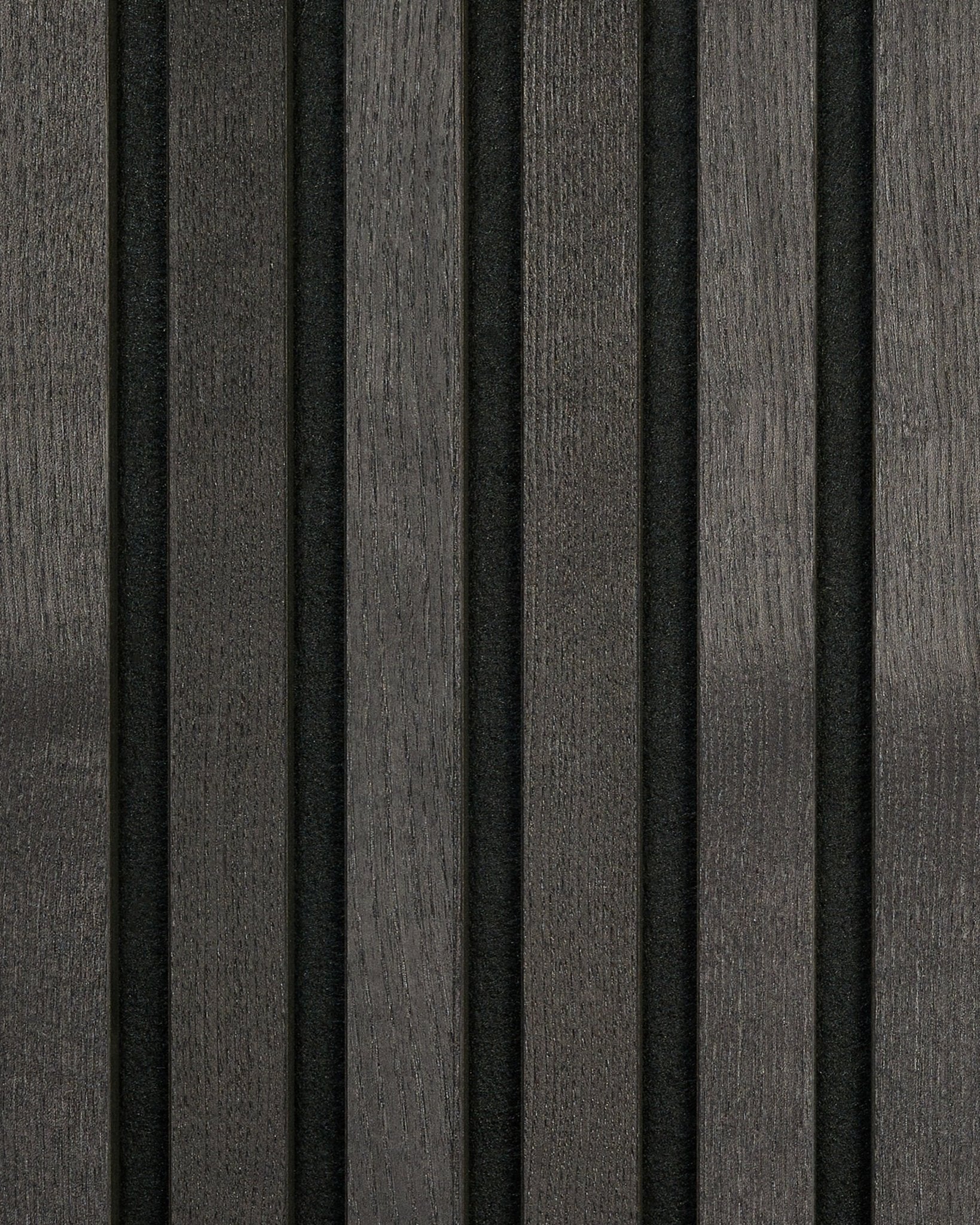 WoodUpp Tonal Black Ash acoustic panel sample with dark vertical wooden slats and narrow black gaps, creating a striped, minimalist Nordic design.