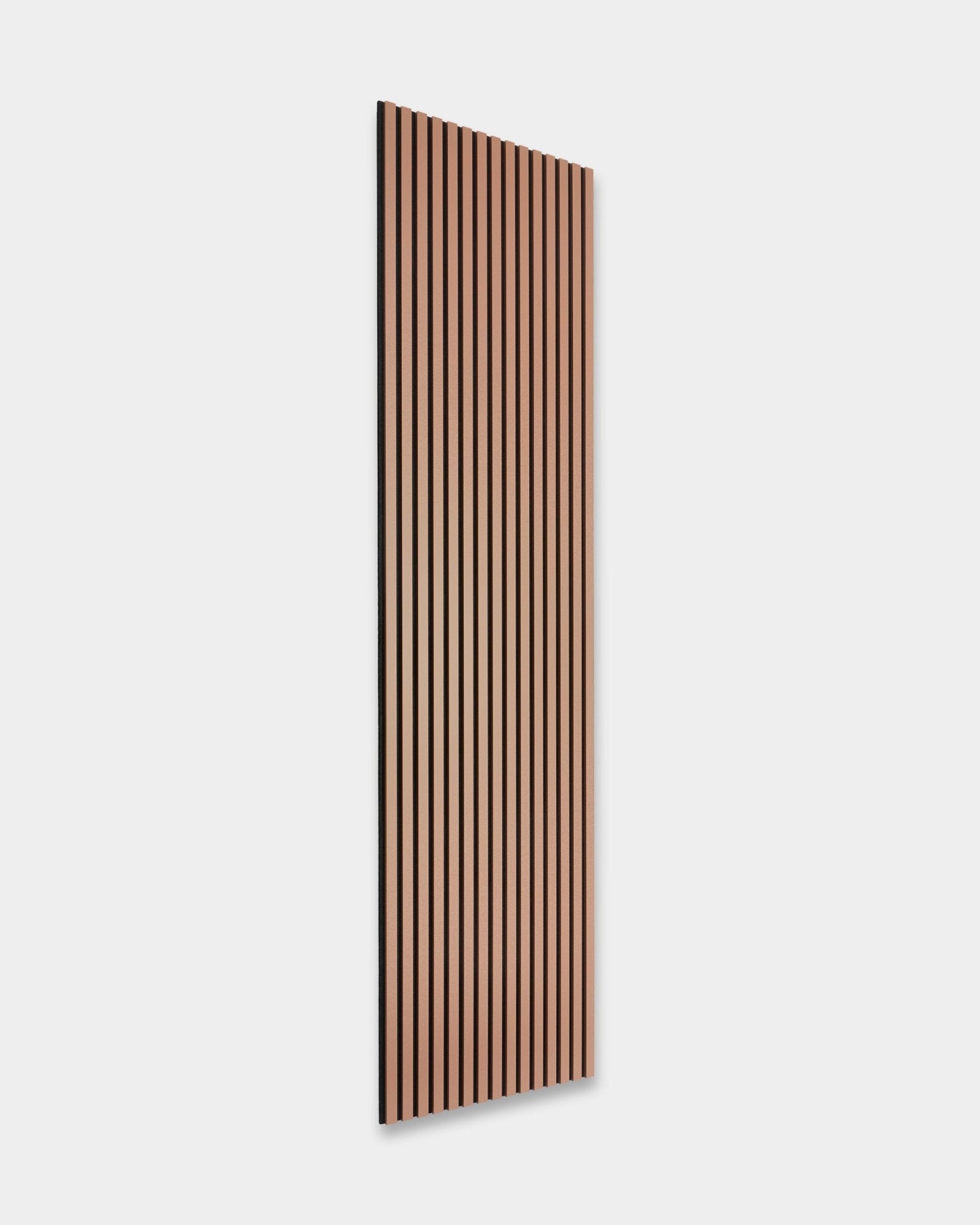 Akupanel Clay acoustic wood panel by WoodUpp (240 x 60 cm) with vertical slats, angled against a plain light background, showcasing minimalist Nordic design.