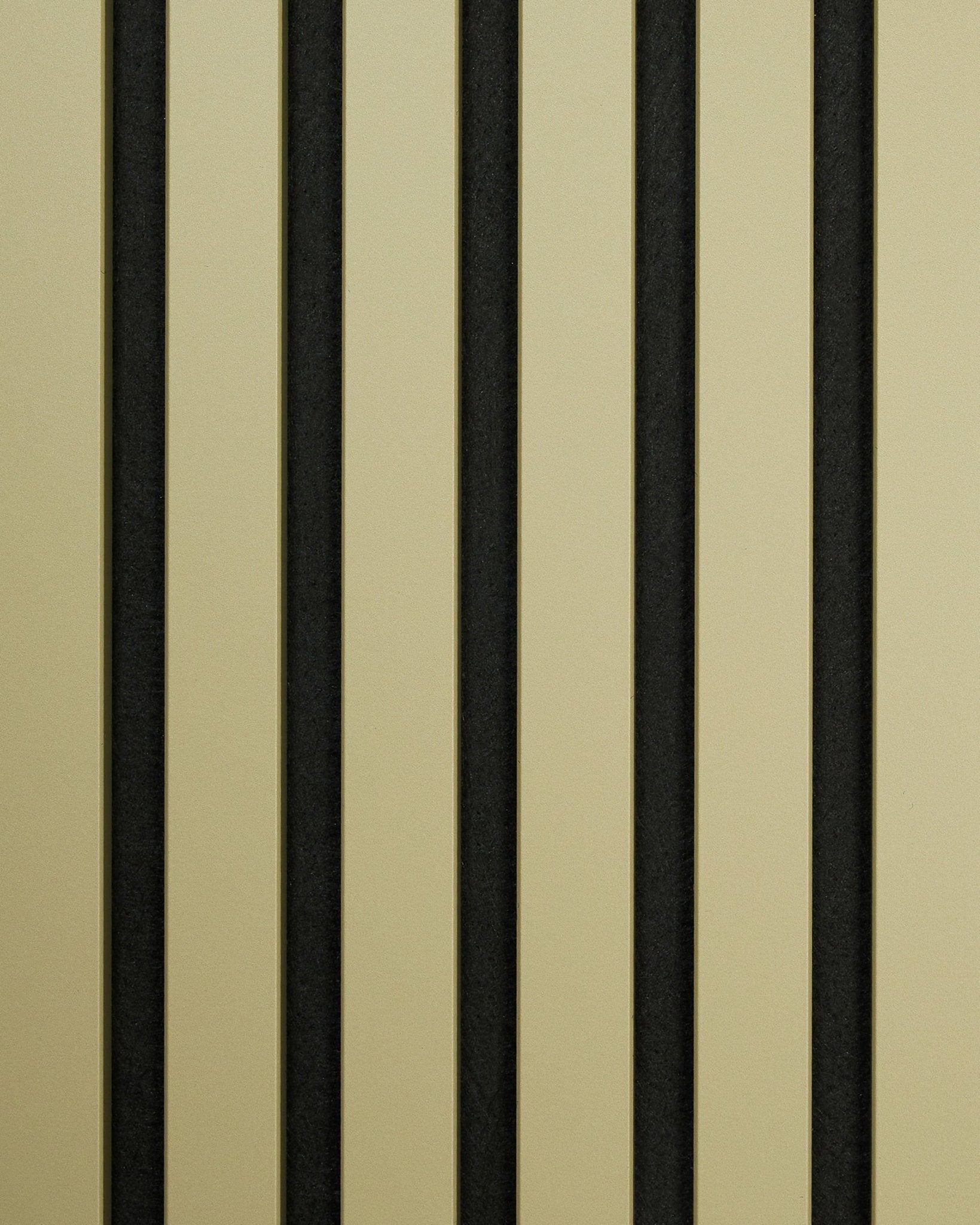 The Hue | Sample / Moss by WoodUpp is a minimalist acoustic panel with alternating vertical beige and black stripes in a repetitive pattern.