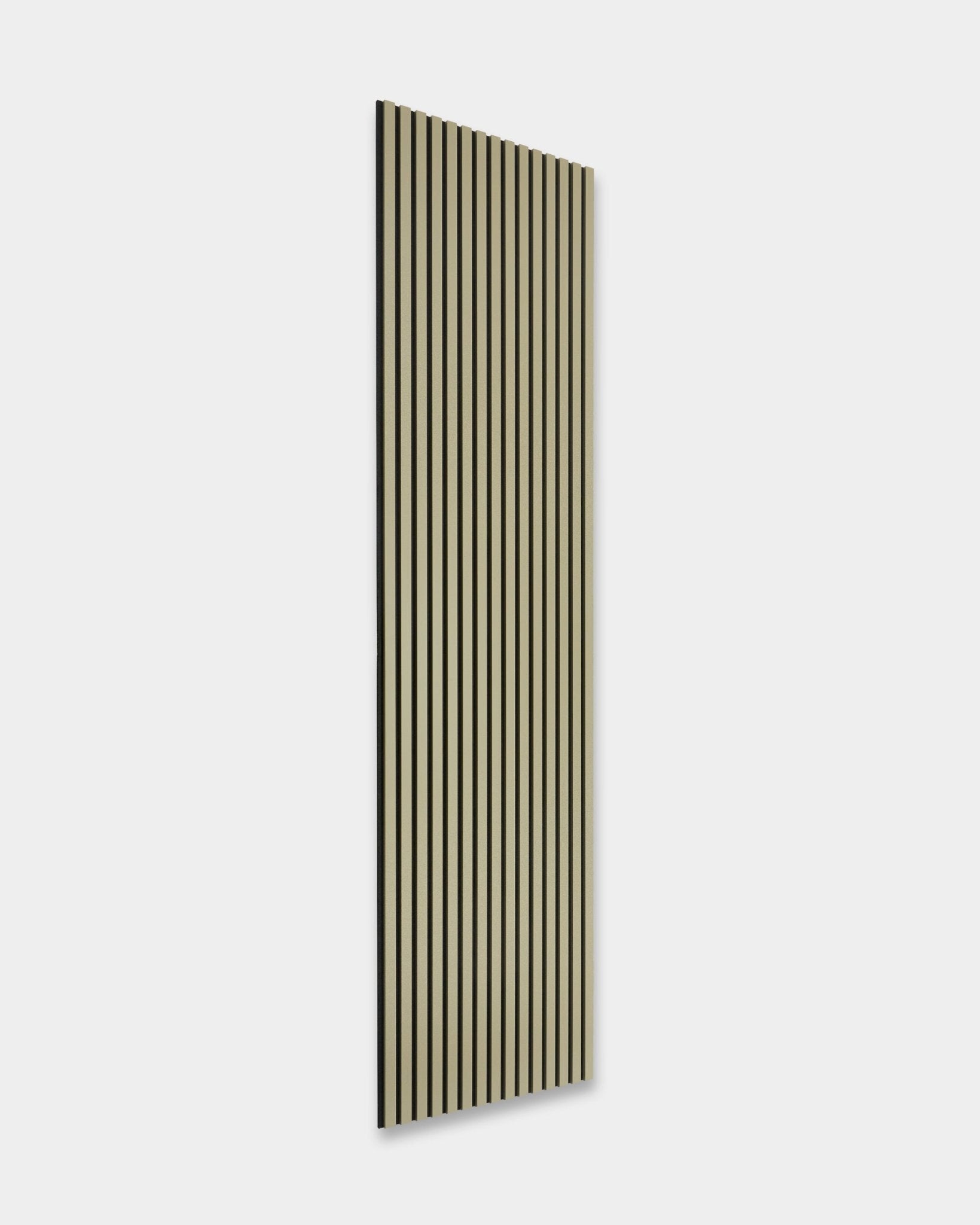 The Hue Akupanel in Moss by WoodUpp, 240x60 cm, features vertical black and beige acoustic wood slats on a light gray background for sound absorption.