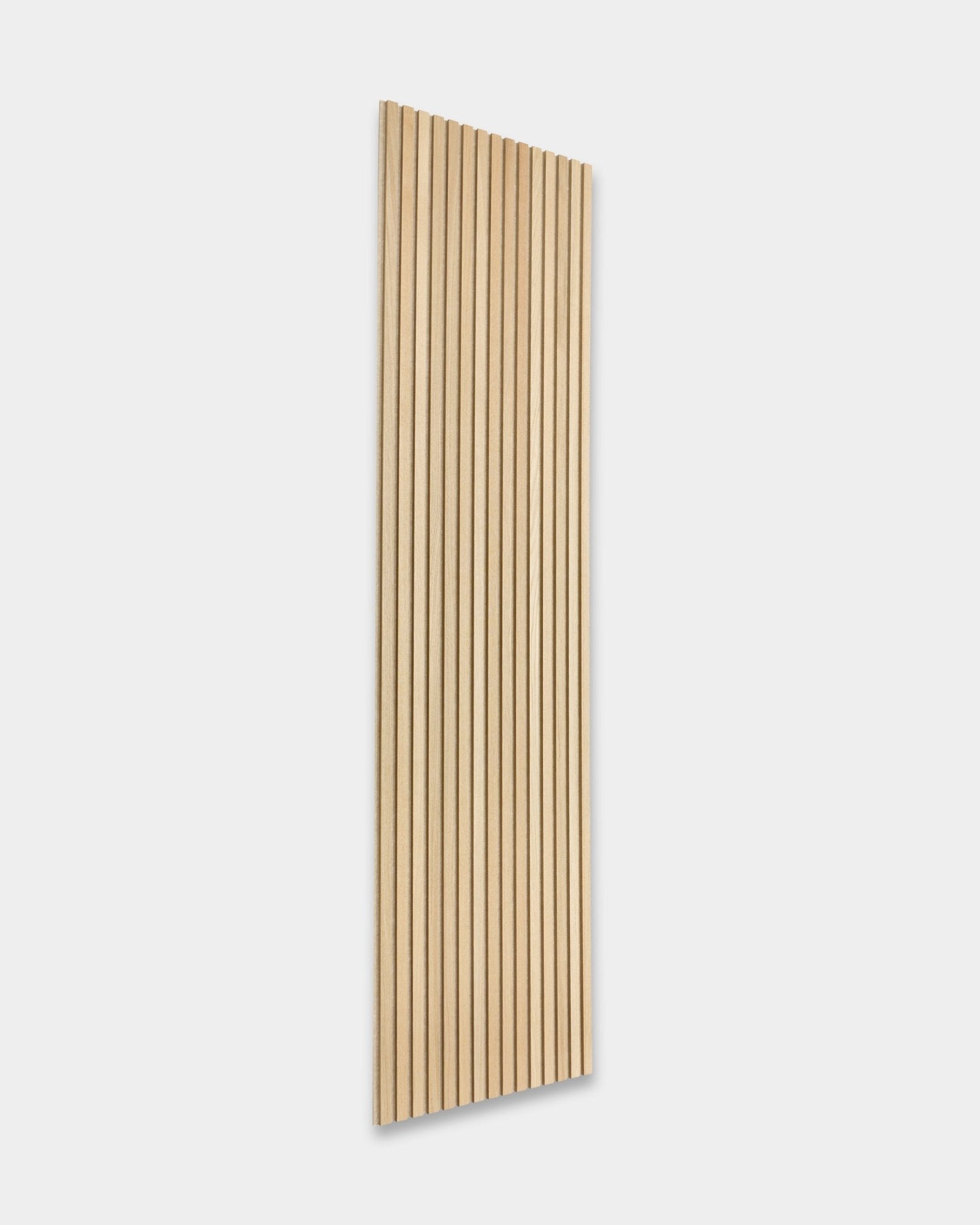 WoodUpp Akupanel in Classic Oak, 240 x 60 cm, features vertical slats and a natural wood finish for acoustic absorption and Scandinavian design.