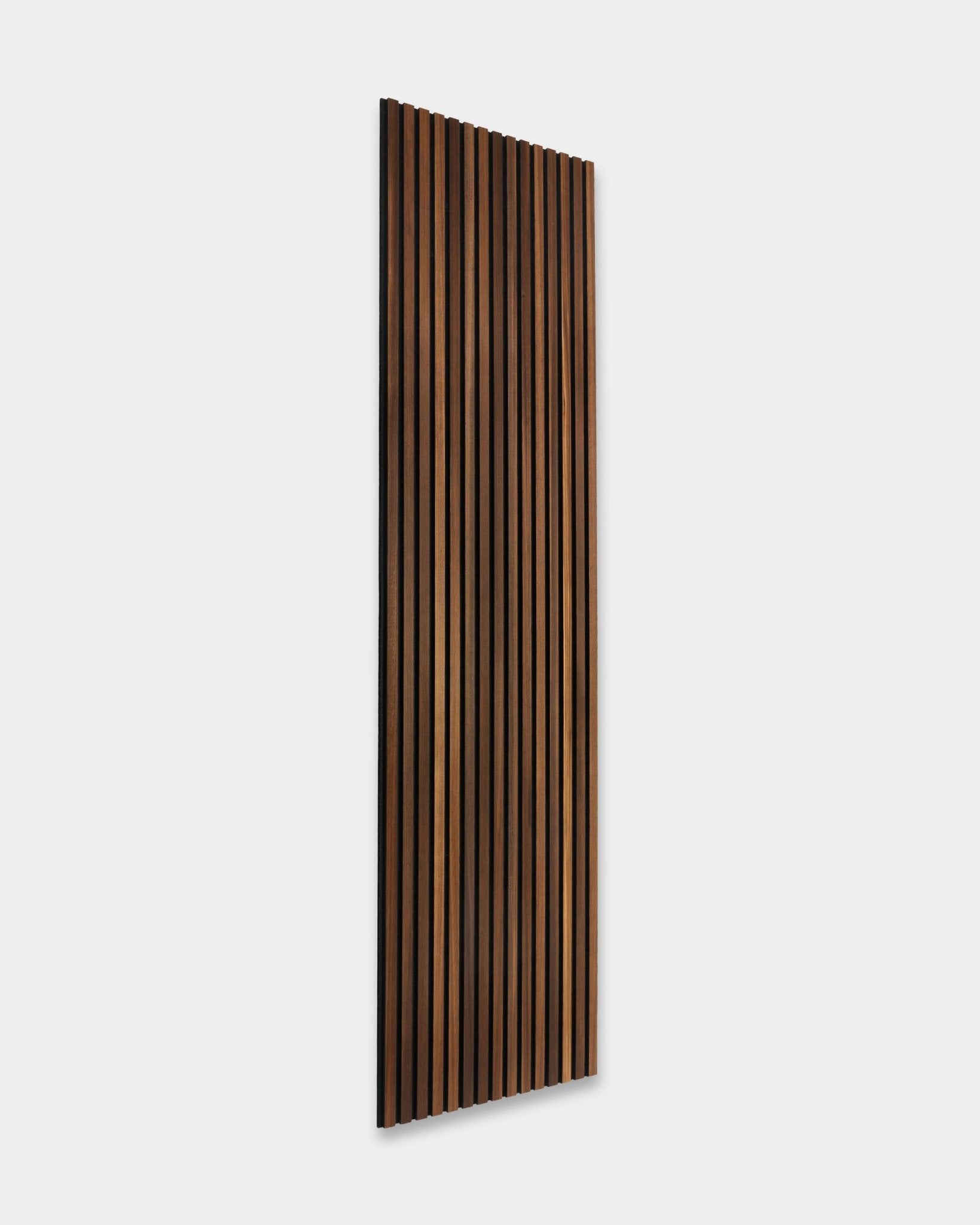 WoodUpp Akupanel Rustic acoustic panel in Smoked Larch, 240x60cm, with vertical wooden slats and Scandinavian design style on a plain light gray background.