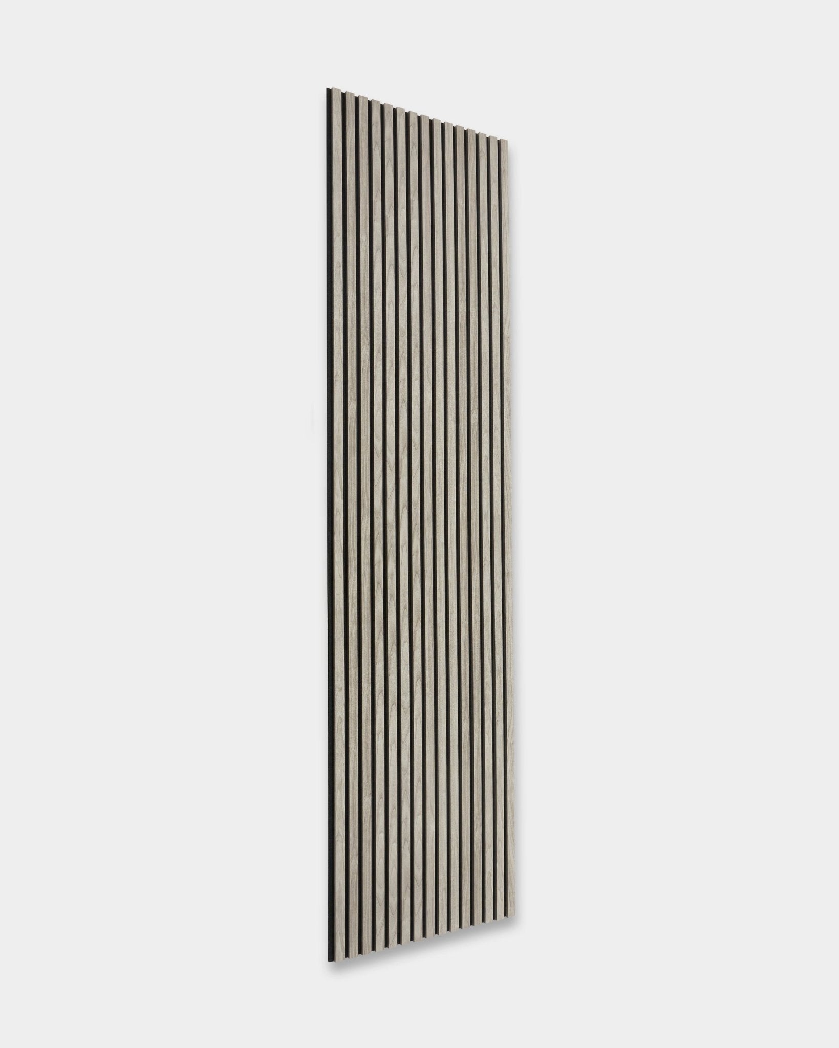 WoodUpp Essential Akupanel in Weathered Oak, 240x60 cm, Nordic acoustic panel with vertical black slats on light gray backing, shown on white background.