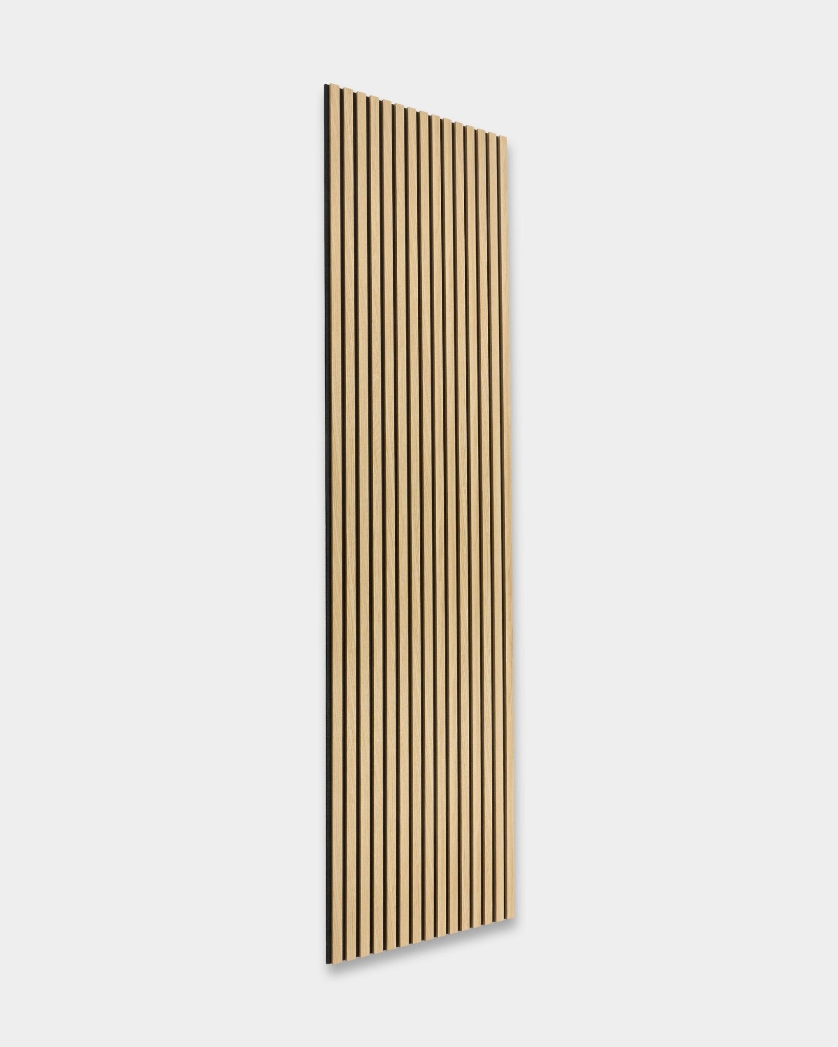 WoodUpp Akupanel The Essential in Southern Oak, a 240 x 60 cm Nordic acoustic panel with vertical black grooves and slatted wood design.