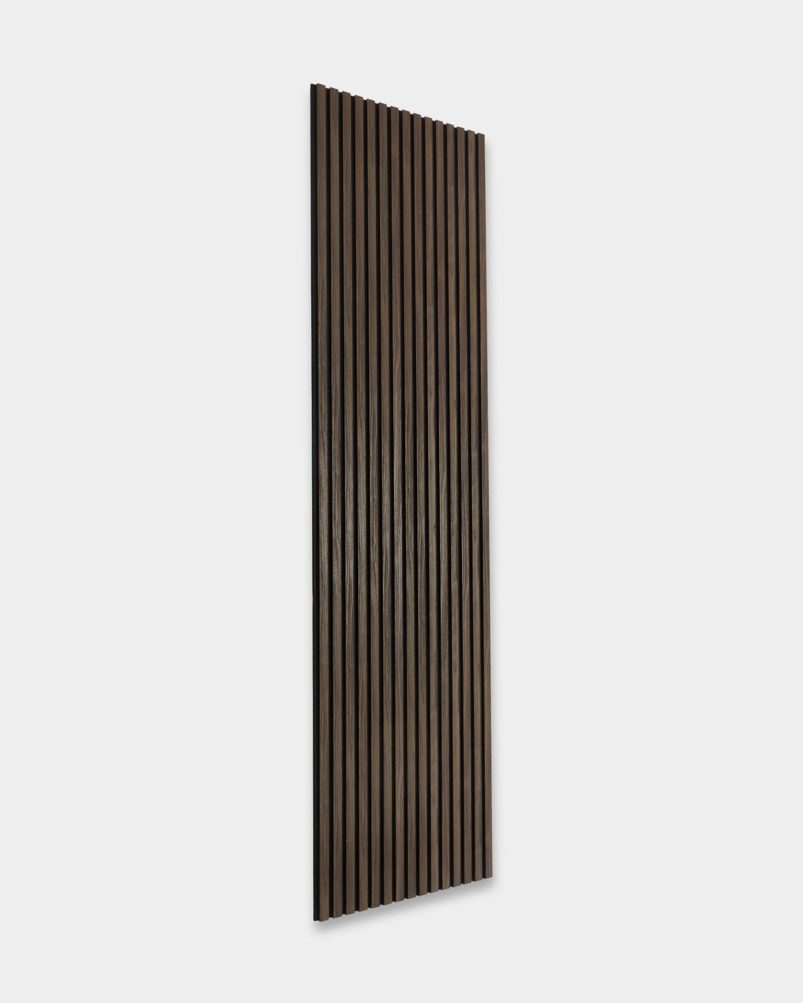 WoodUpp Essential Akupanel in Black Oak, 240x60 cm acoustic panel featuring vertical wood slats, designed for sound absorption and a modern Nordic aesthetic.