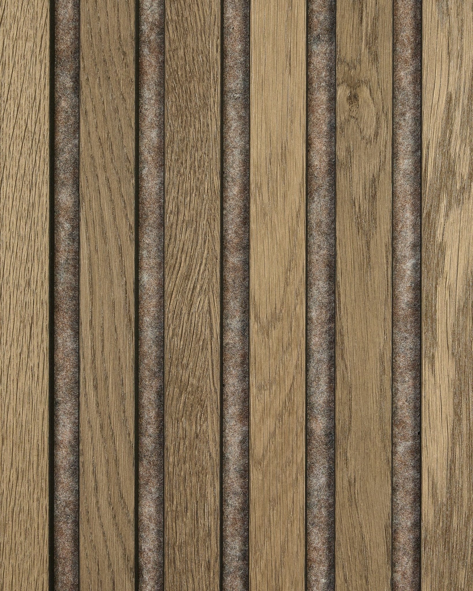 WoodUpp Akupanel sample in Grey Oak, featuring vertical acoustic wood panels with natural grain, textured brown finish, and dark felt strips between slats.
