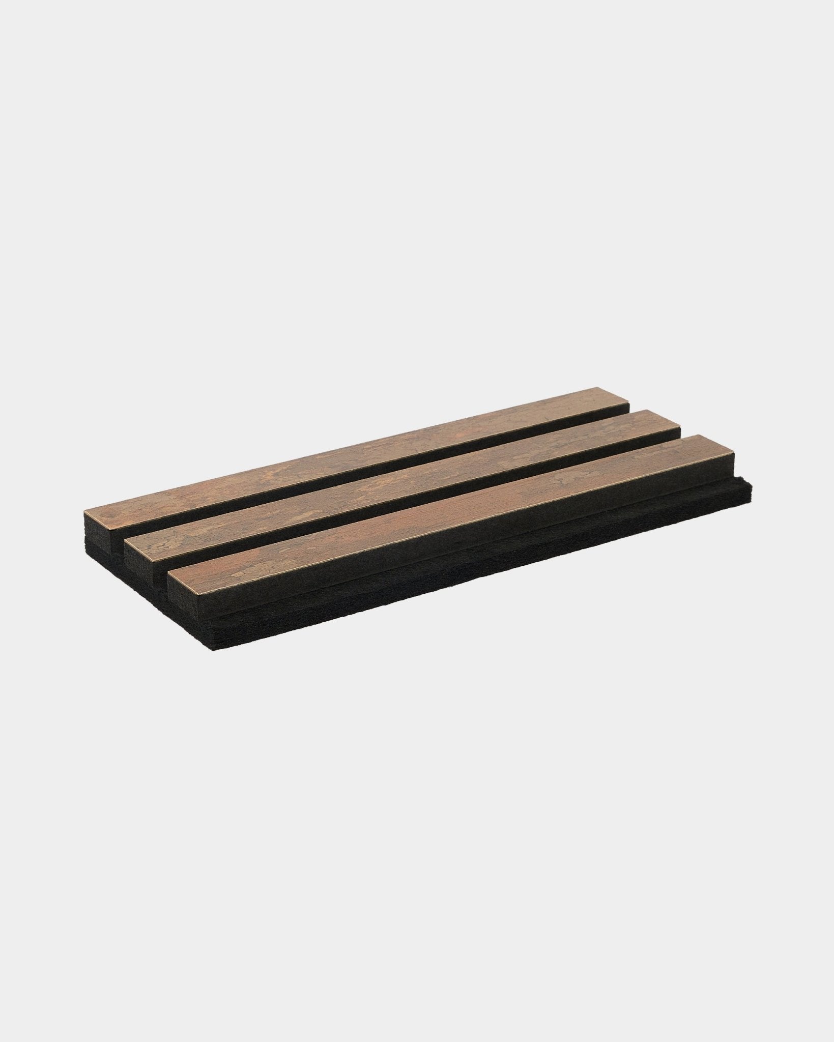 Rectangular wooden soap dish sample with three slats and black base, showcasing WoodUpp Rebel Copper Oxide finish and modern durable design.