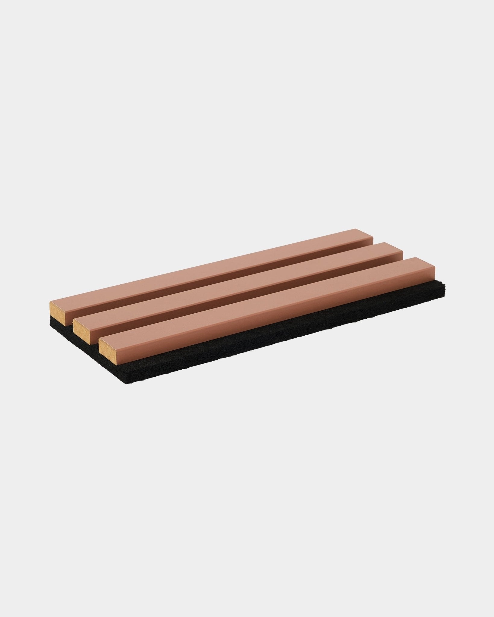 The Hue | Sample / Clay rack by WoodUpp shows three brown wooden slats on a black base, presented against a white background. Nordic acoustic wood accessory.