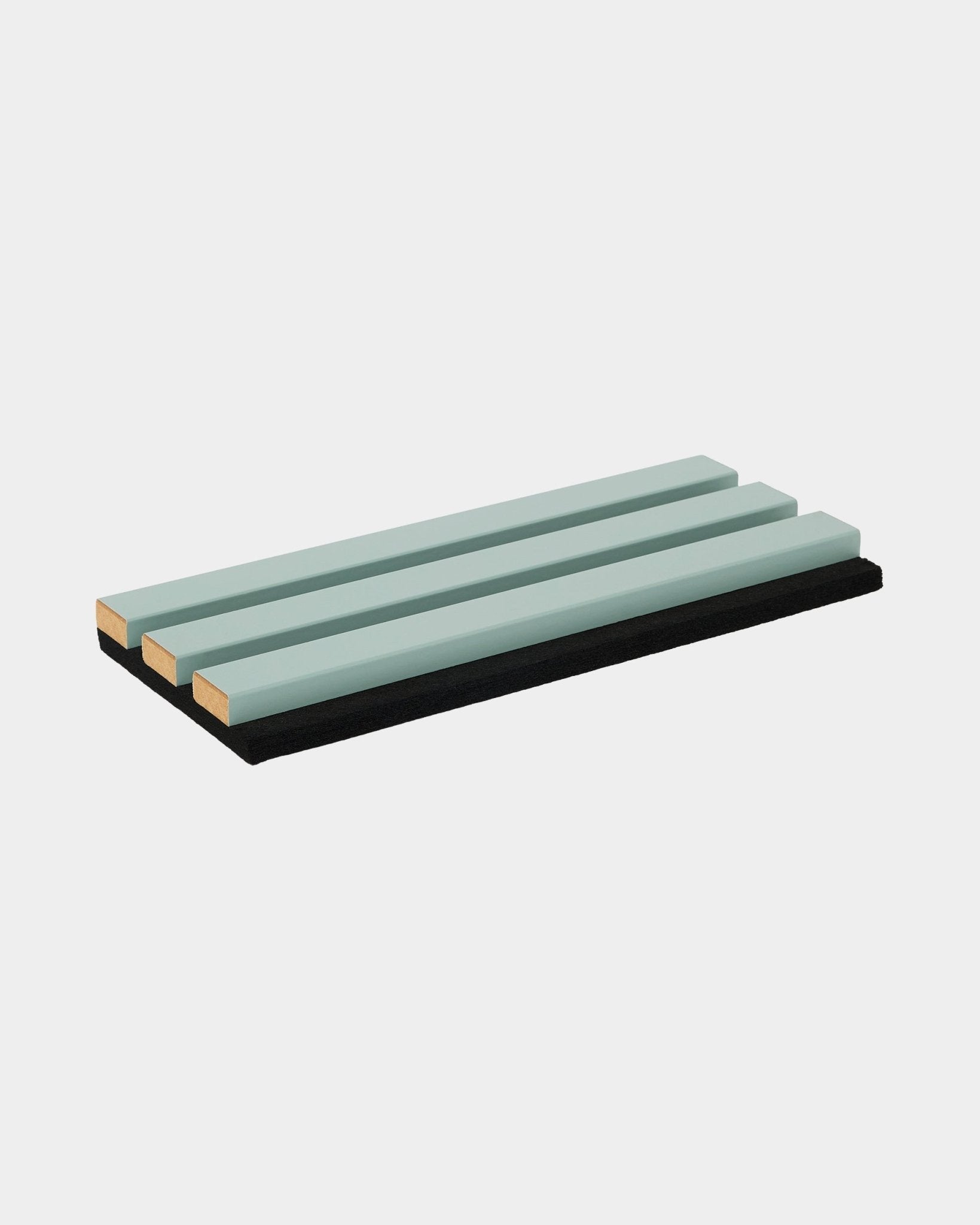 Rectangular WoodUpp Hue sample with light green acoustic wood strips on top and a black felt surface, designed for Nordic Akupanel collections.