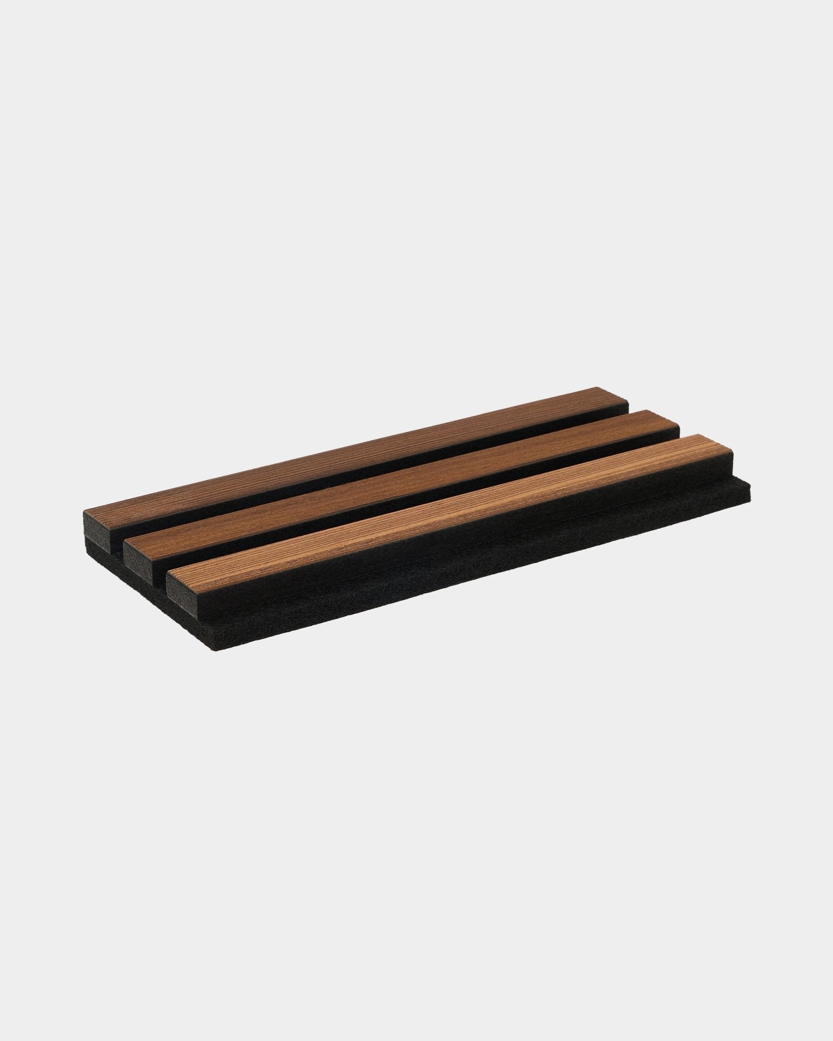 WoodUpp Rustic Smoked Larch knife holder with three knife slots on a black base, crafted to coordinate with Nordic acoustic wood panels.