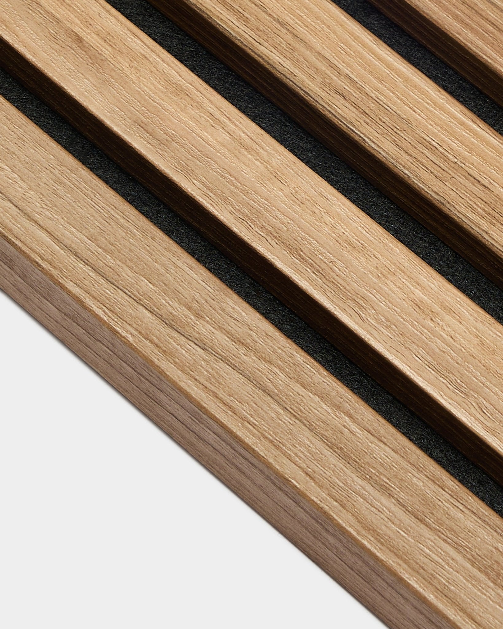 Close-up of WoodUpp End Lamella in English Walnut, 2.2 cm thickness, designed for Akupanel acoustic panel installations or as an accent wall component.