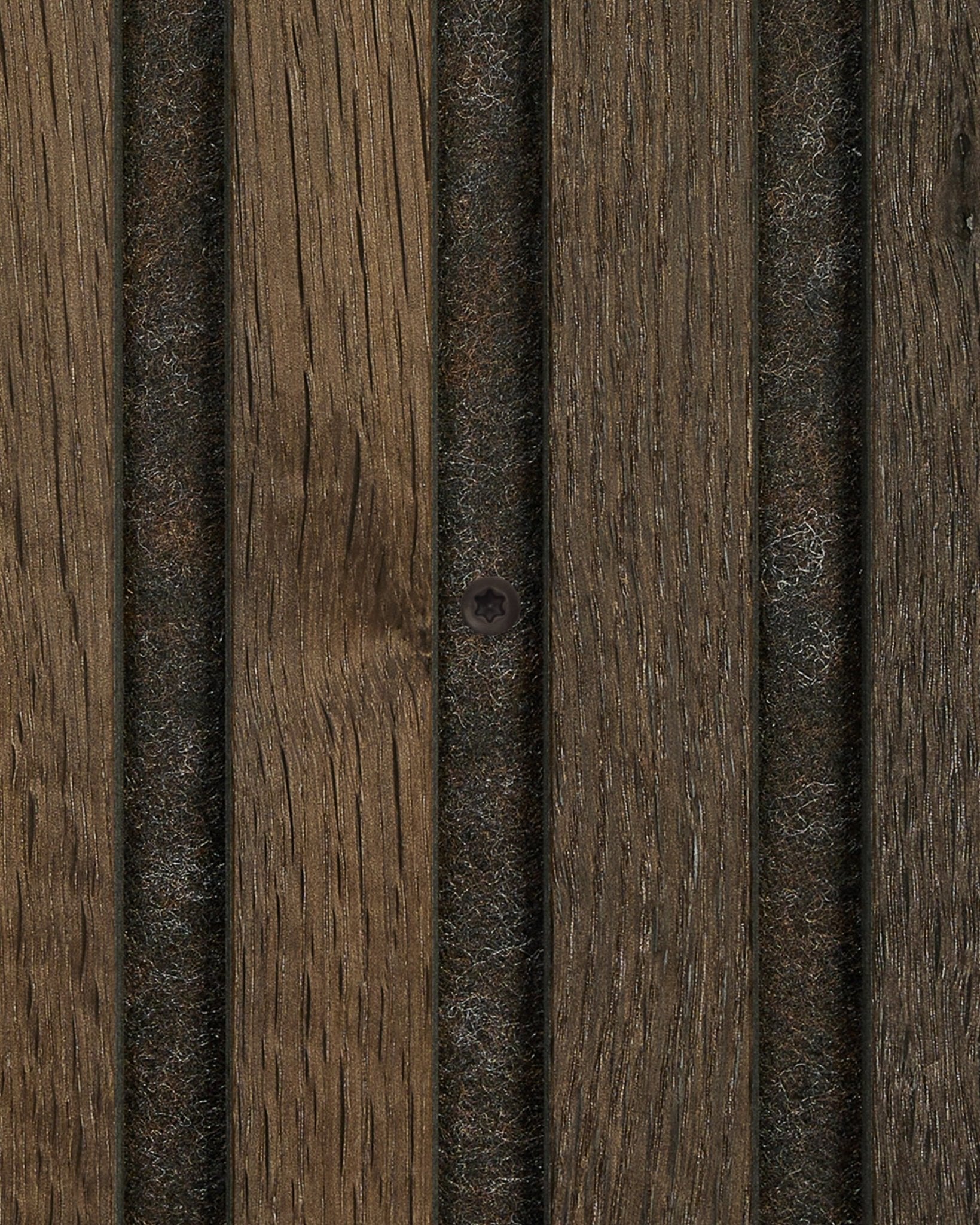 Close-up of bronzed brown screws (100 pcs) for WoodUpp installation, displayed on vertical acoustic wood slat panels with felt backing.