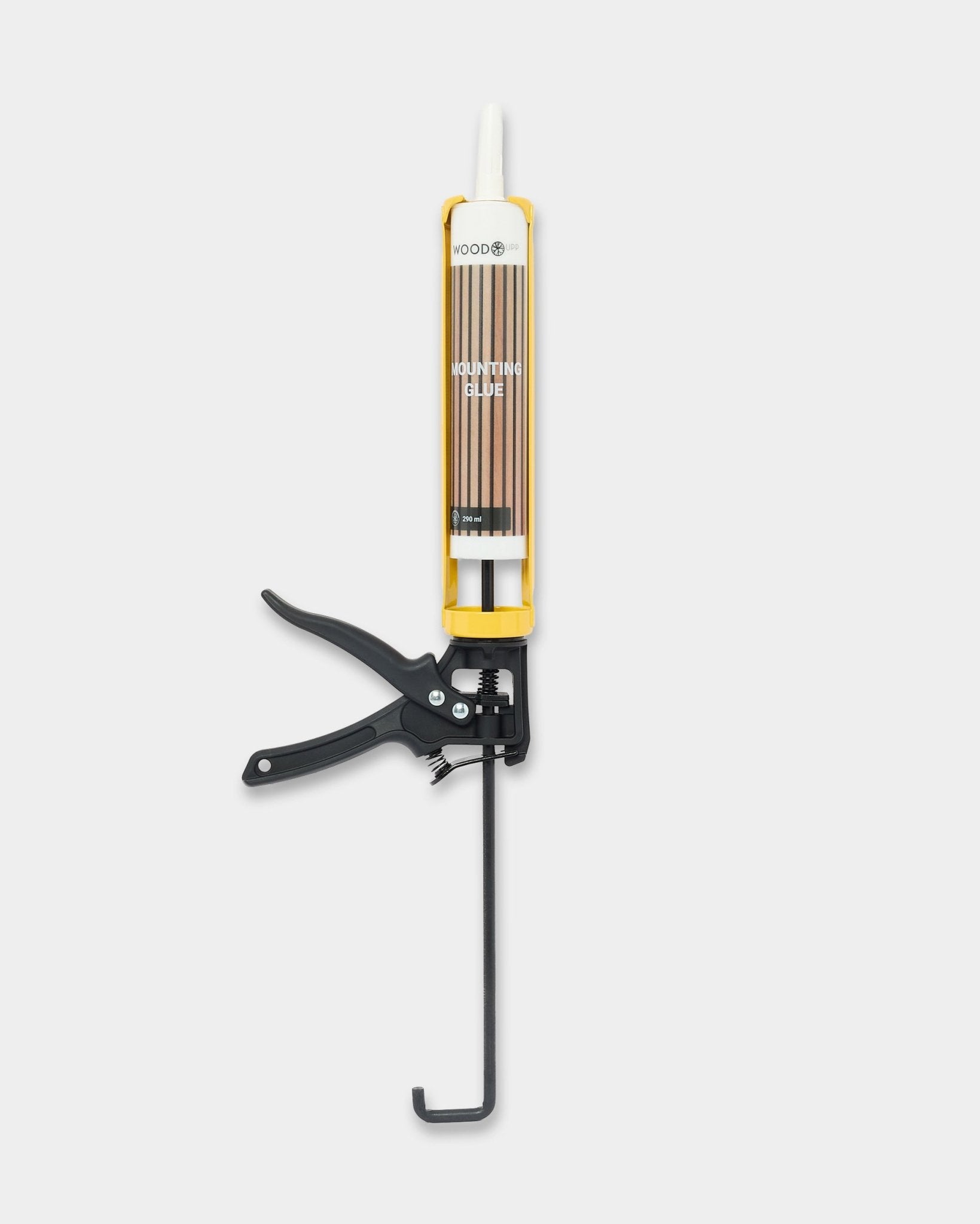 WoodUpp Grout Gun installation tool with a 290 ml cartridge, displayed on a plain white background, designed for Akupanel acoustic wood panels.