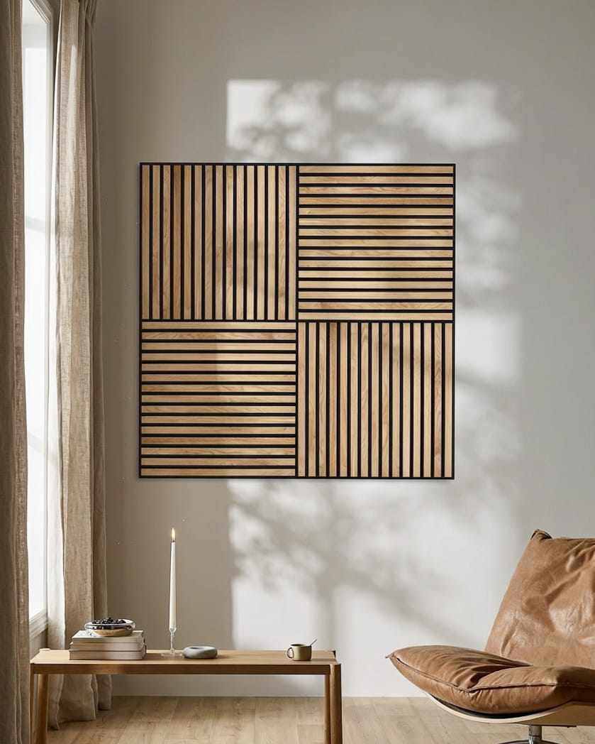 Moderne stue med læderstol, tændt stearinlys og WoodUpp Akupixel Acoustic Panel i Rustic Natural Oak, der kaster geometriske skygger på væggen.