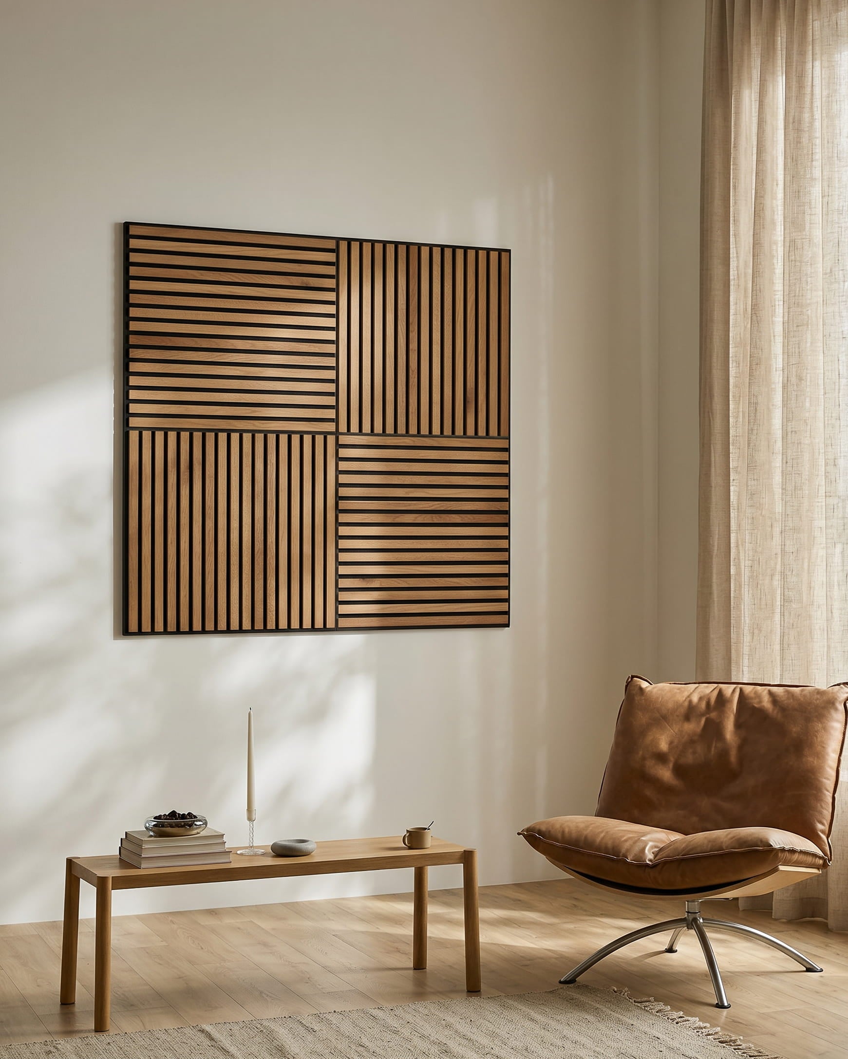 Minimalistisk stue med en brun loungestol, sofabord i træ og WoodUpp Akupixel Rustic Brown Oak akustikpanel på væggen i naturligt lys.