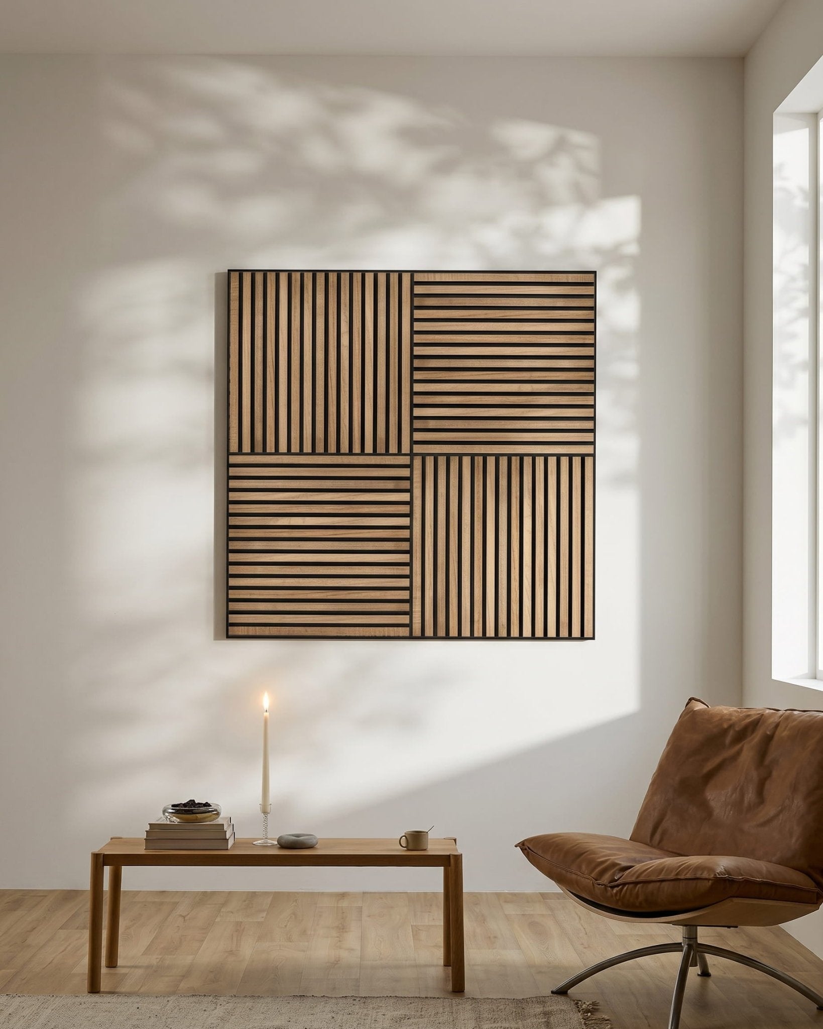 Minimalistisk nordisk rum med en WoodUpp Akupixel Walnut Akustikpanel på væggen, et tændt lys på et lavt bord, bøger og en brown stol ved et vindue.