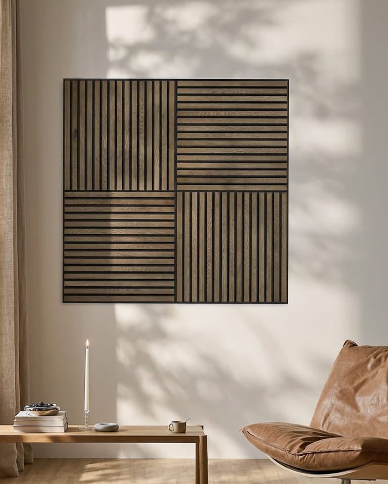Minimalistisk rum med en læderstol, et stearinlys og WoodUpp Akupixel Akustikpanel i rustik grey oak, der kaster geometriske skygger på væggen.