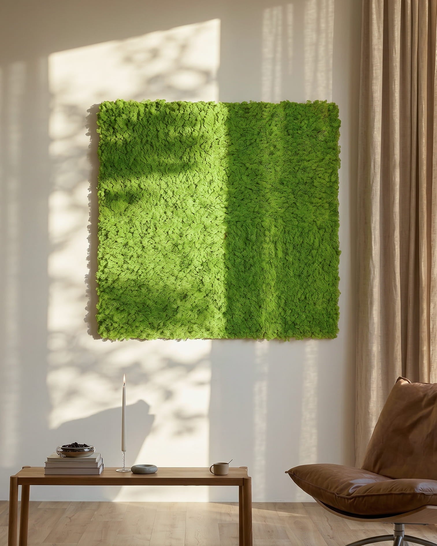 Akupixel Akustikpanel i Moss / Apple Green, 60 x 60 cm fra WoodUpp, monteret på en solbelyst væg over et small bord og beige gardiner.