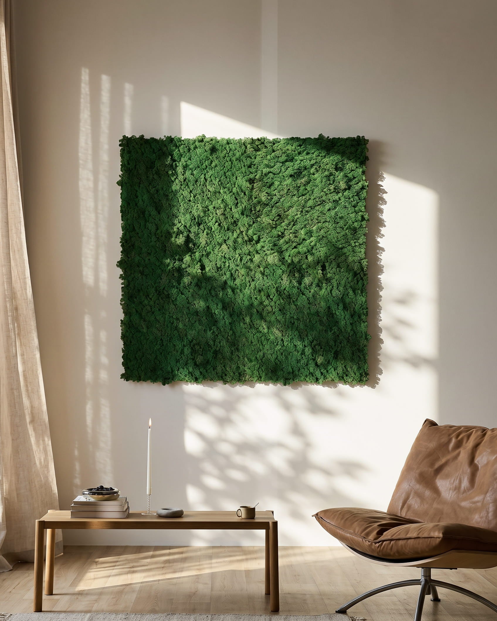 WoodUpp Akupixel Moss Green Akustikpanel (60x60 cm) monteret på en beige væg over et minimalistisk bord og en brown læderstol.