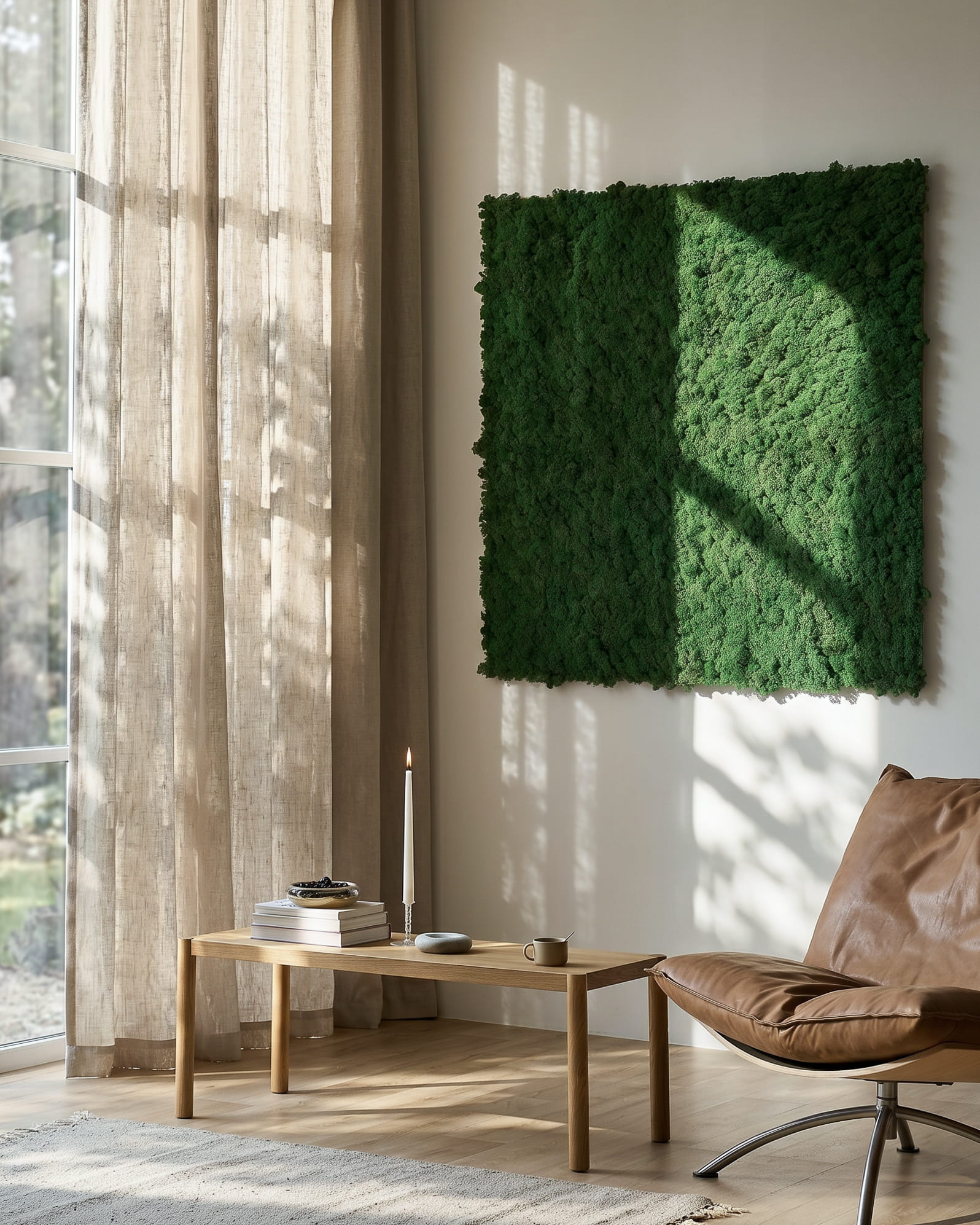 Akupixel Moss Green akustikpaneler fra WoodUpp, 60x60 cm, tilføjer et moderne, naturligt element til indvendige rum; en del af det danske brands nordiske kollektion.