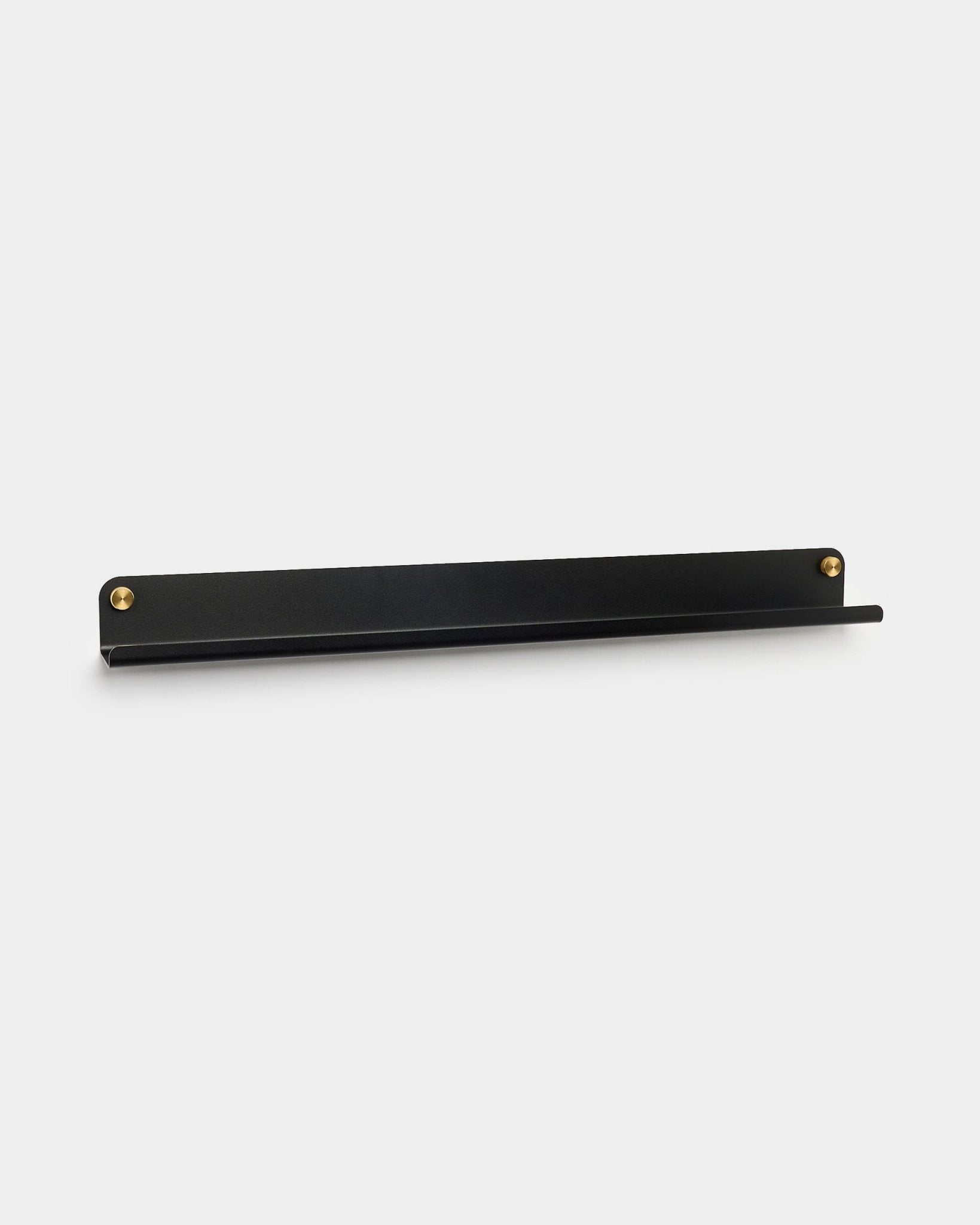 Norr Narrow Shelf in black by WoodUpp, 75.9 cm, features a slim steel design with brass-colored screws, intended as an accessory for acoustic panels.