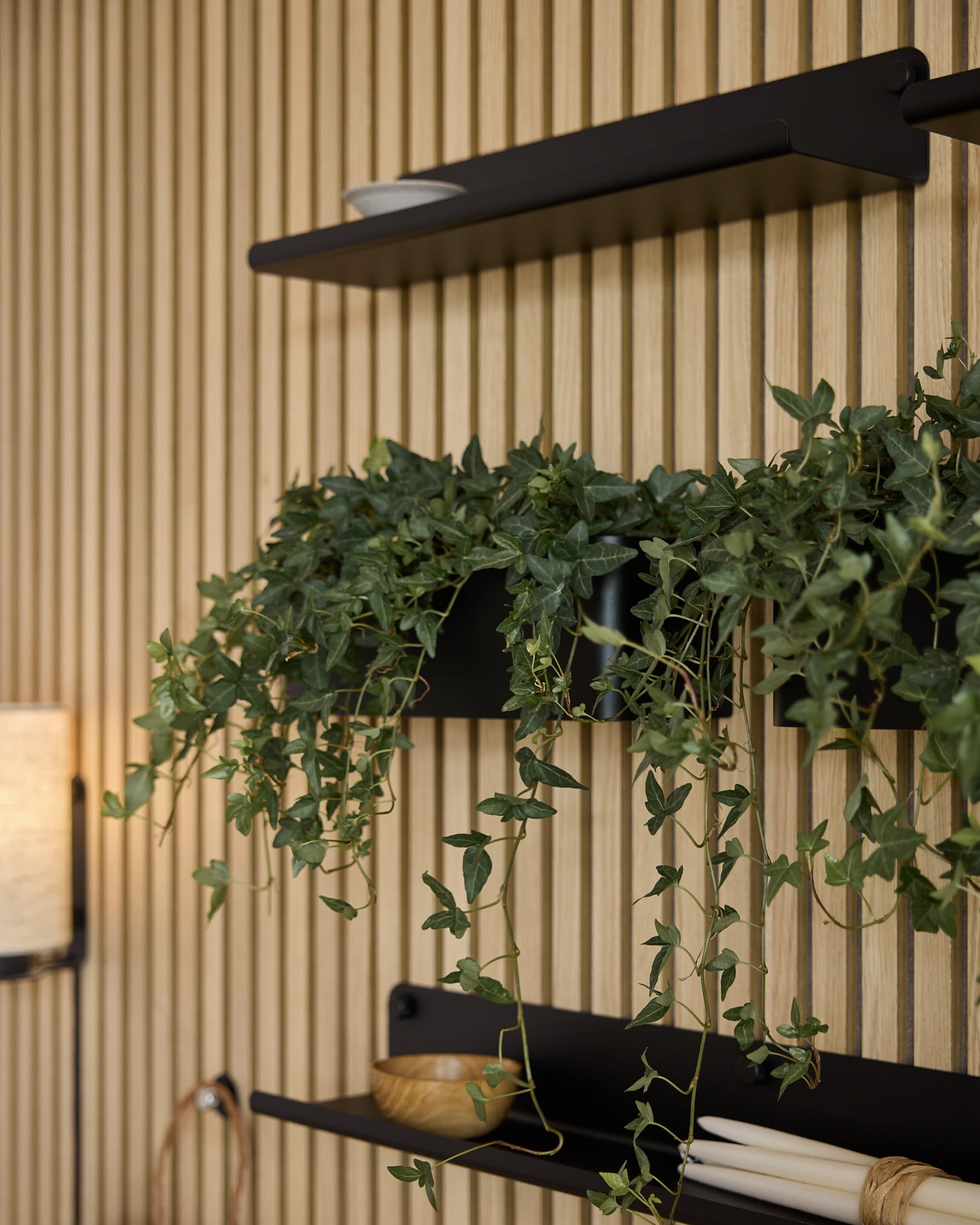 Lodret Akupanel akustisk trælistevæg med sorte hylder, minimalistisk indretning, grønne planter og en sort WoodUpp Norr Plant Box (35,9 cm).
