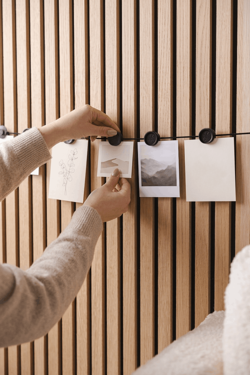 En person sætter fotos og skitser fast på Vindar | Gallery String fra WoodUpp med neodym-clips på et nordisk Akupanel akustikpanel i trælameller.