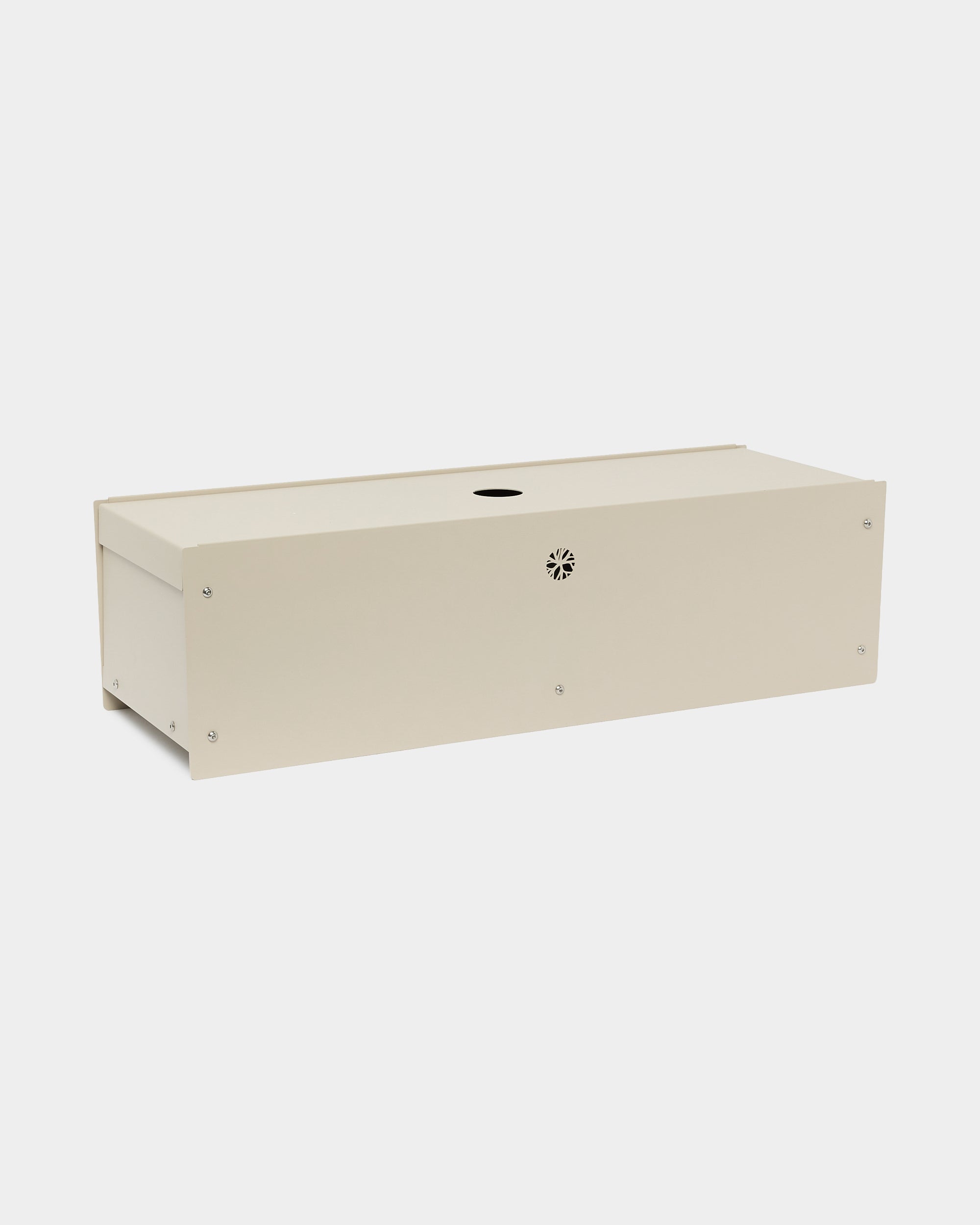 The Nell | Metal Box / BM2 by WoodUpp, a rectangular powder-lacquered steel box in beige with a circular hole and vent, accessory for Akupanel, on white.
