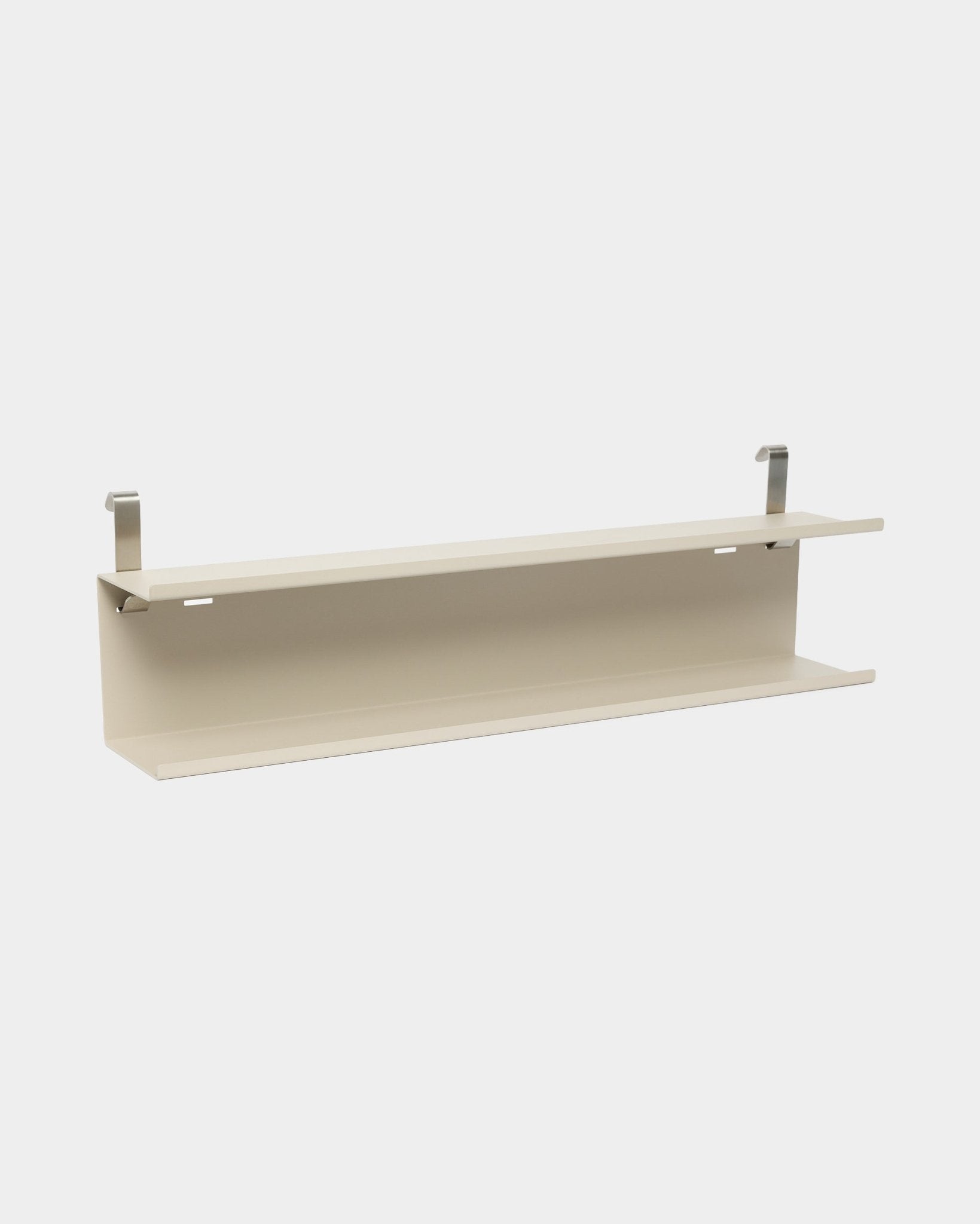 WoodUpp Double Metal Shelf BM1 in beige, 63.5 cm, powder-coated steel with two brackets and open-bottom design for adaptable storage on acoustic panels.
