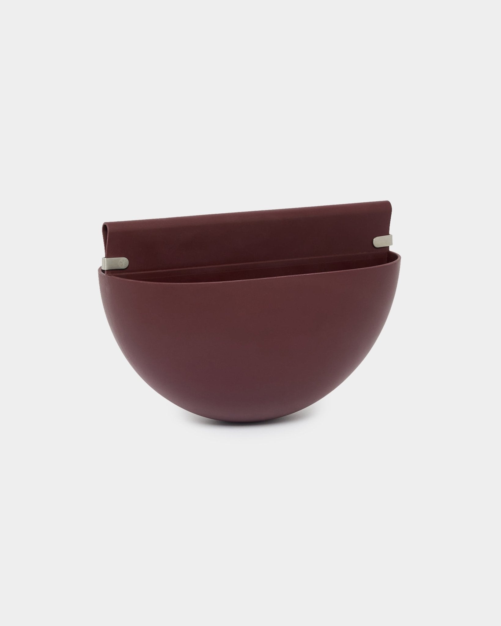 WoodUpp Gro Soft Pocket / BM2 planter in Ox Red, 4L capacity, has a half-sphere design, flat back, and two metal brackets for mounting on acoustic panels.