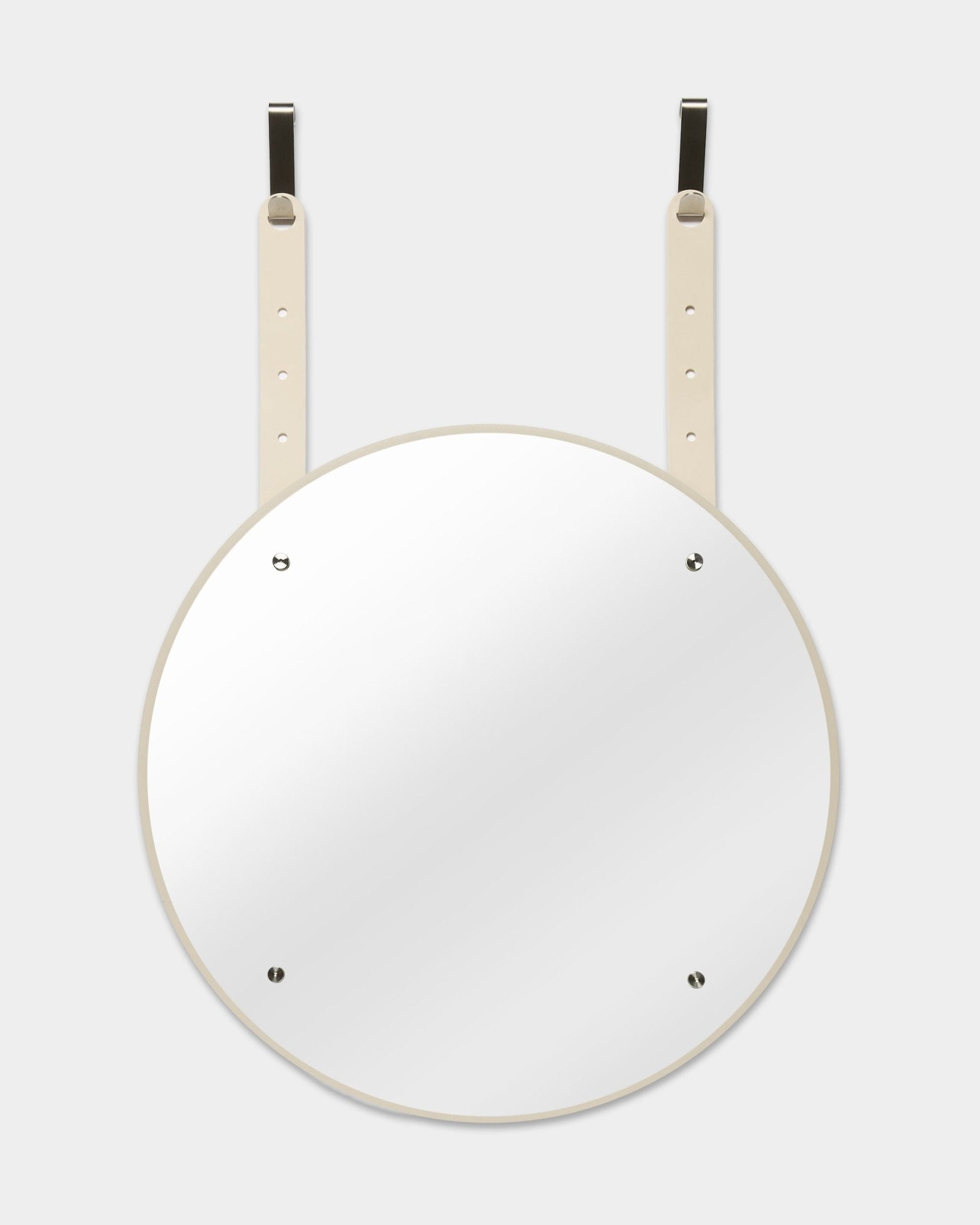 The Vala | Mirror BM1 by WoodUpp, D54 cm, with a white frame and beige adjustable hanging straps, displayed against a light gray background.