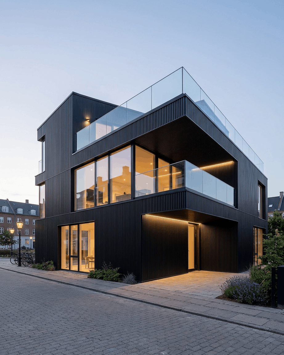 Modern house clad in Aluwood aluminium slat panels - glass balconies, lit windows, street foreground.