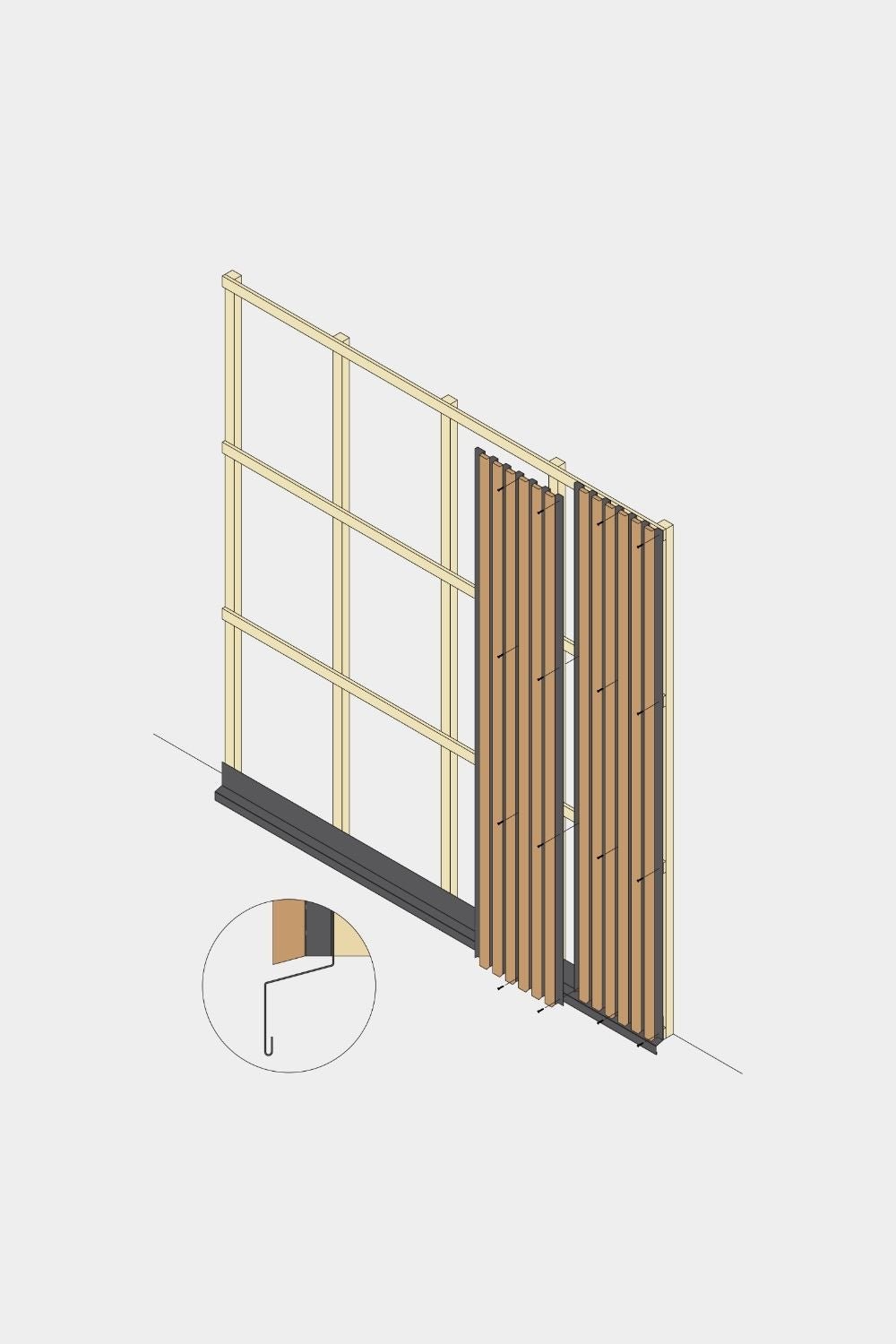 Isometrisk tegning af montering af WoodUpp Aluwood facadepanel, 240 cm bundsektion, som viser trælameller, black afslutning og detalje af lamelmontering.