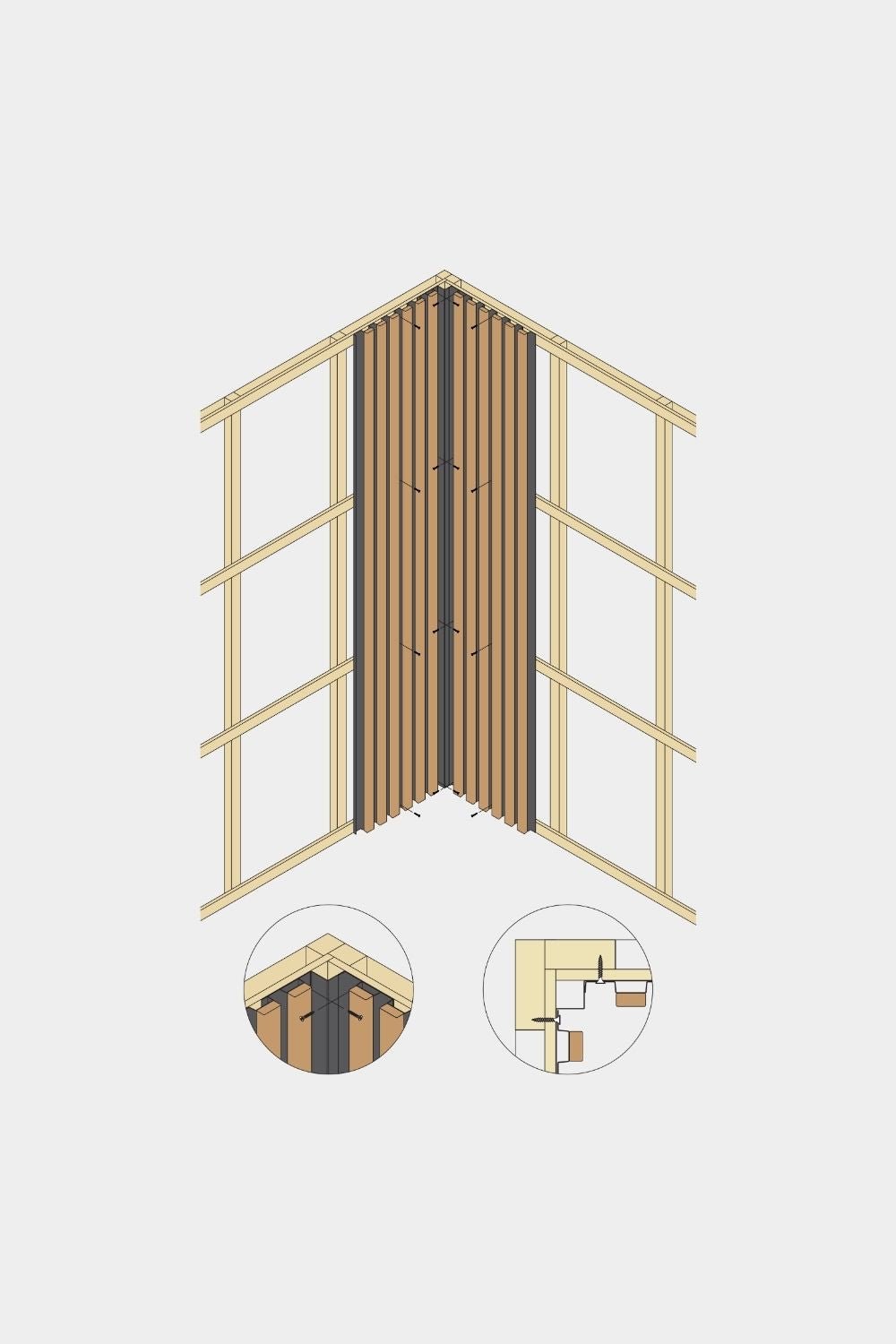 Isometrisk diagram af WoodUpp Aluwood facadepanel Inside Corner, 240 cm, der viser trælameller med aluminiumsprofil i to detaljerede nærbilleder.