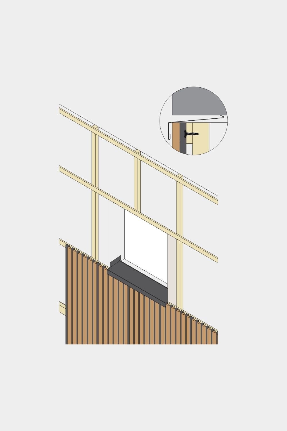 Diagram af en WoodUpp Aluwood facadepanel-vindueskarm (240 cm), der viser, hvordan vandindtrængning ved aluminiumsprofilen forebygges med skruefastgørelse.