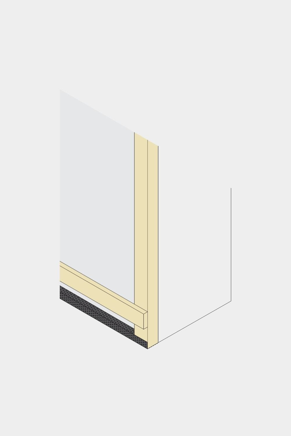 Isometrisk diagram af et væghjørne med WoodUpp Aluwood-facadepanel og insektnet, 240 cm, der viser stolper, black bundplade og ventileret hulrum.