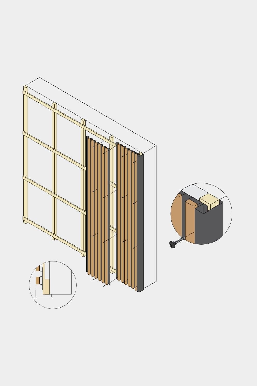 Isometrisk diagram af WoodUpp Aluwood facadepanel-endehjørne, 240 cm, med vertical trælameller, pulverlakeret finish og aluminiums-endeprofil.