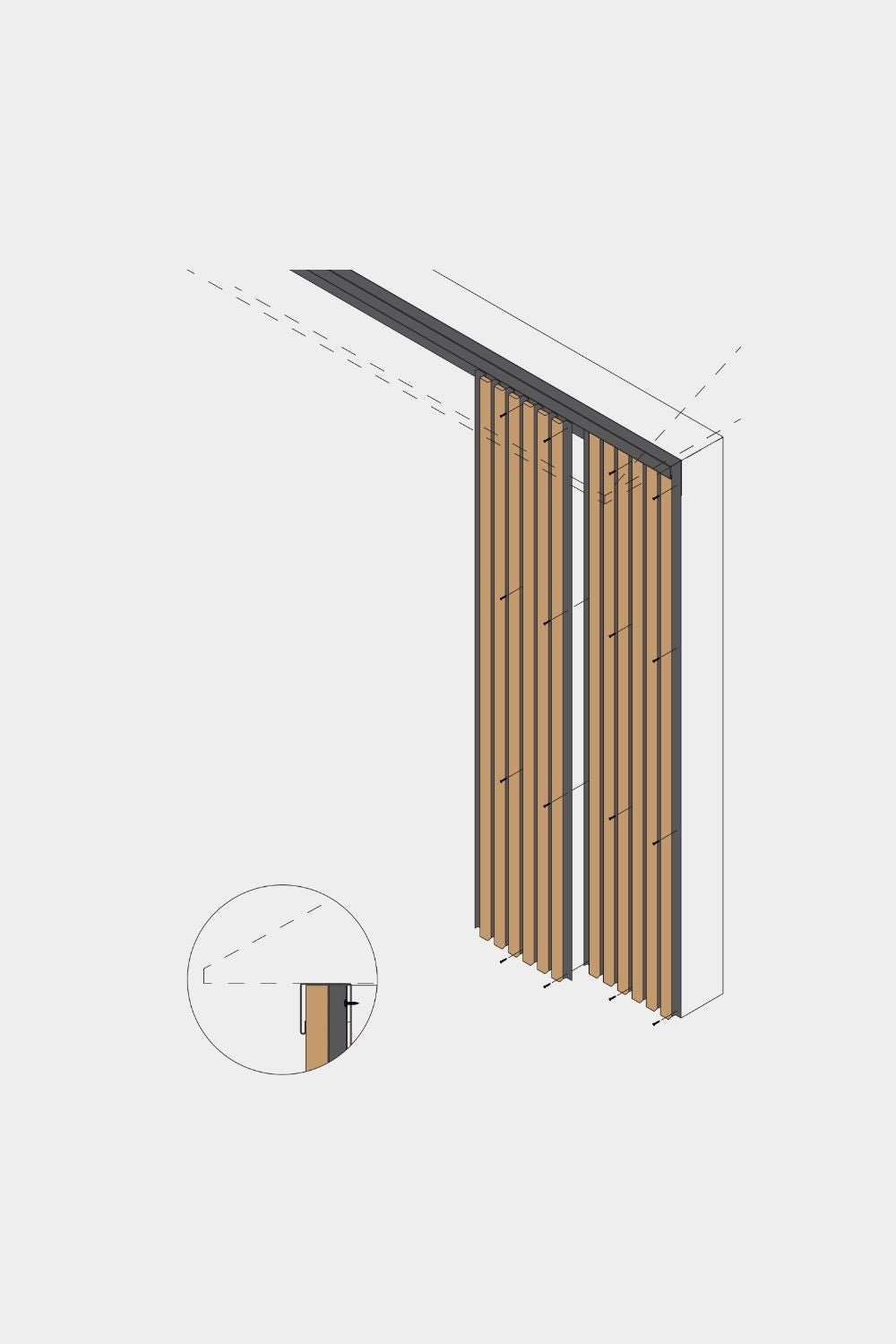 Isometrisk visning af Aluwood facadepaneler fra WoodUpp (240 cm) fra gulv til loft, med indsat detaljevisning af loftmontering og afslutning på oversiden.
