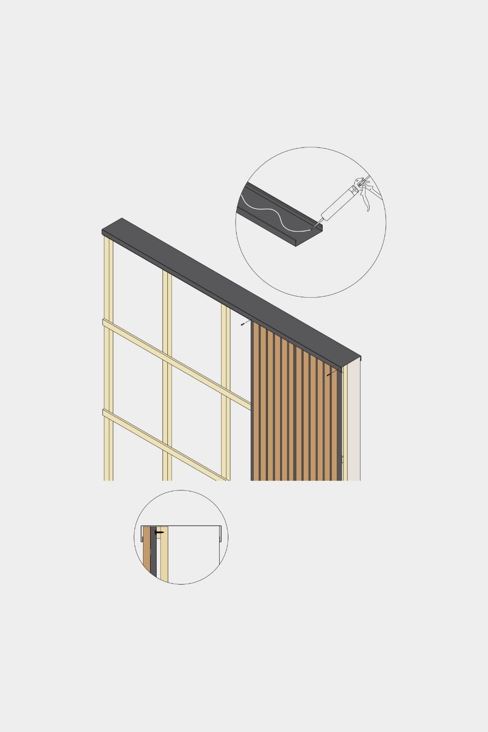 Isometrisk tegning af WoodUpp Aluwood facadepanel vægafdækning, 240 cm x 25 cm, med trælister, aluminiumsprofil og to detaljerede nærbilleder.