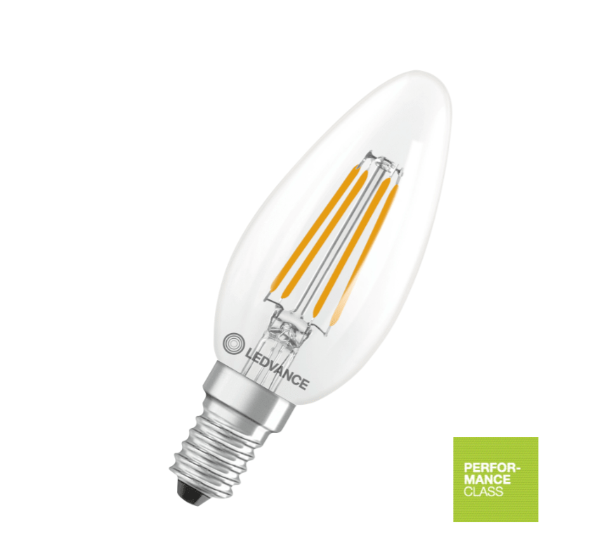 WoodUpp E14 LED-lyspære, 3,4 W, 470 lm; klart glas med synlige glødetråde, sølvfarvet skruesokkel og grøn Performance Class-label.